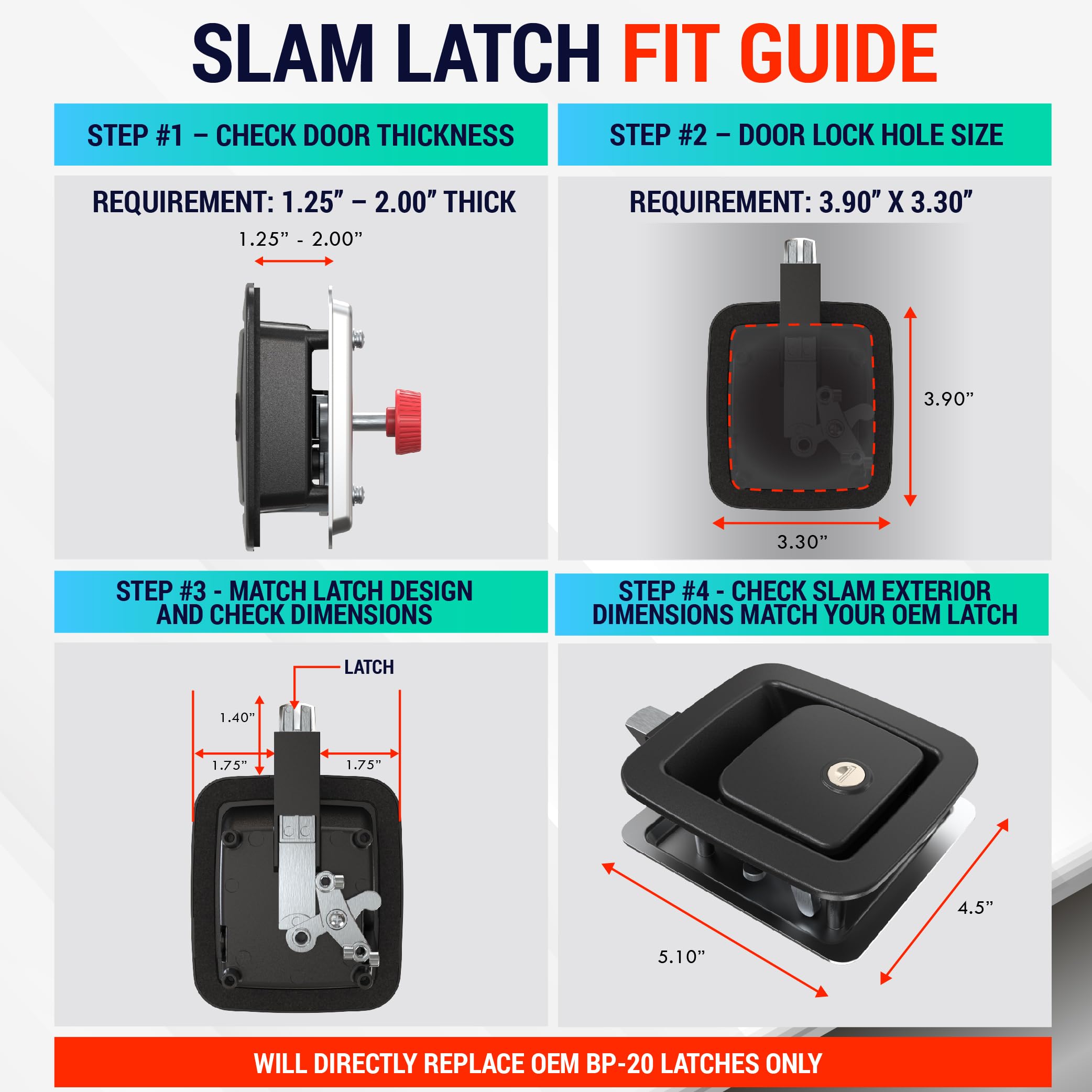 LATCH.IT RV Slam Latch - All Metal Storage Lock for 3.9" x 3.3" Holes, 1.25-2" Thick Doors, Black, Model S