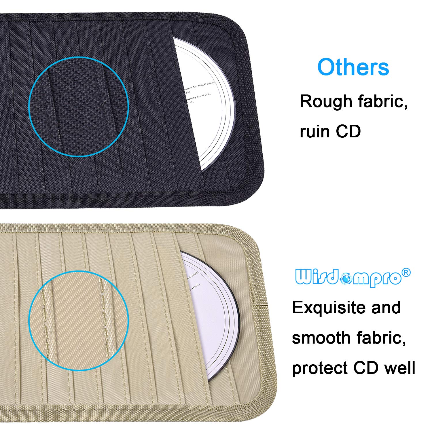 Wisdompro Car CD Case Holder, Khaki Vehicle Sun Visor Organizer with 12 DVD Sleeves, Mesh Pocket, Pen Holder, Model W-1xCarVisorCDHolder-Khaki