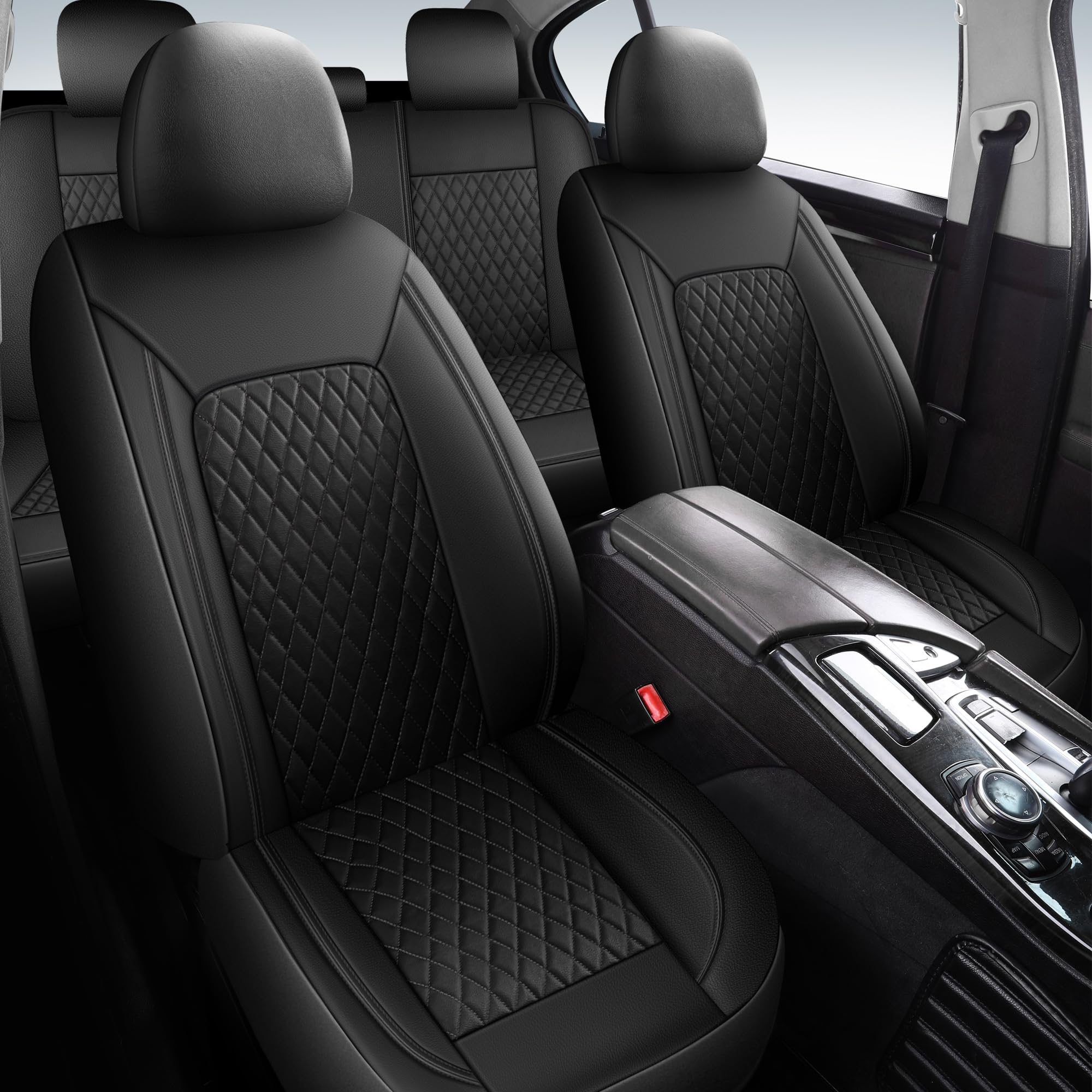 HChengkikz Leather Car Seat Covers Full Set, Breathable & Waterproof, PU, Black, Airbag Compatible for Cars, SUVs, Vans, Trucks