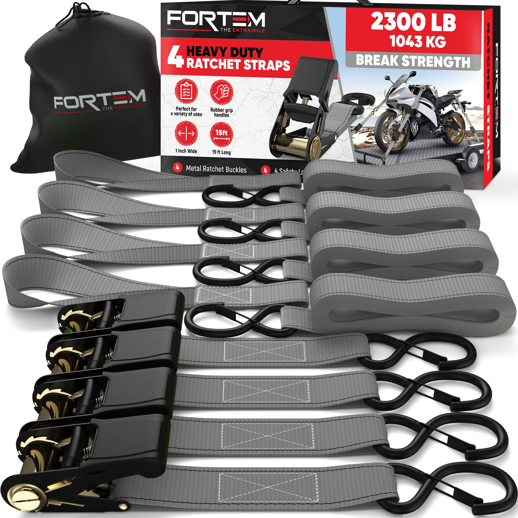 FORTEM Ratchet Straps, 2300lb Break Strength, 4 15ft Tie Down Strap Set, 4 Soft Loops, Motorcycle Straps Tie Downs, cargo Straps
