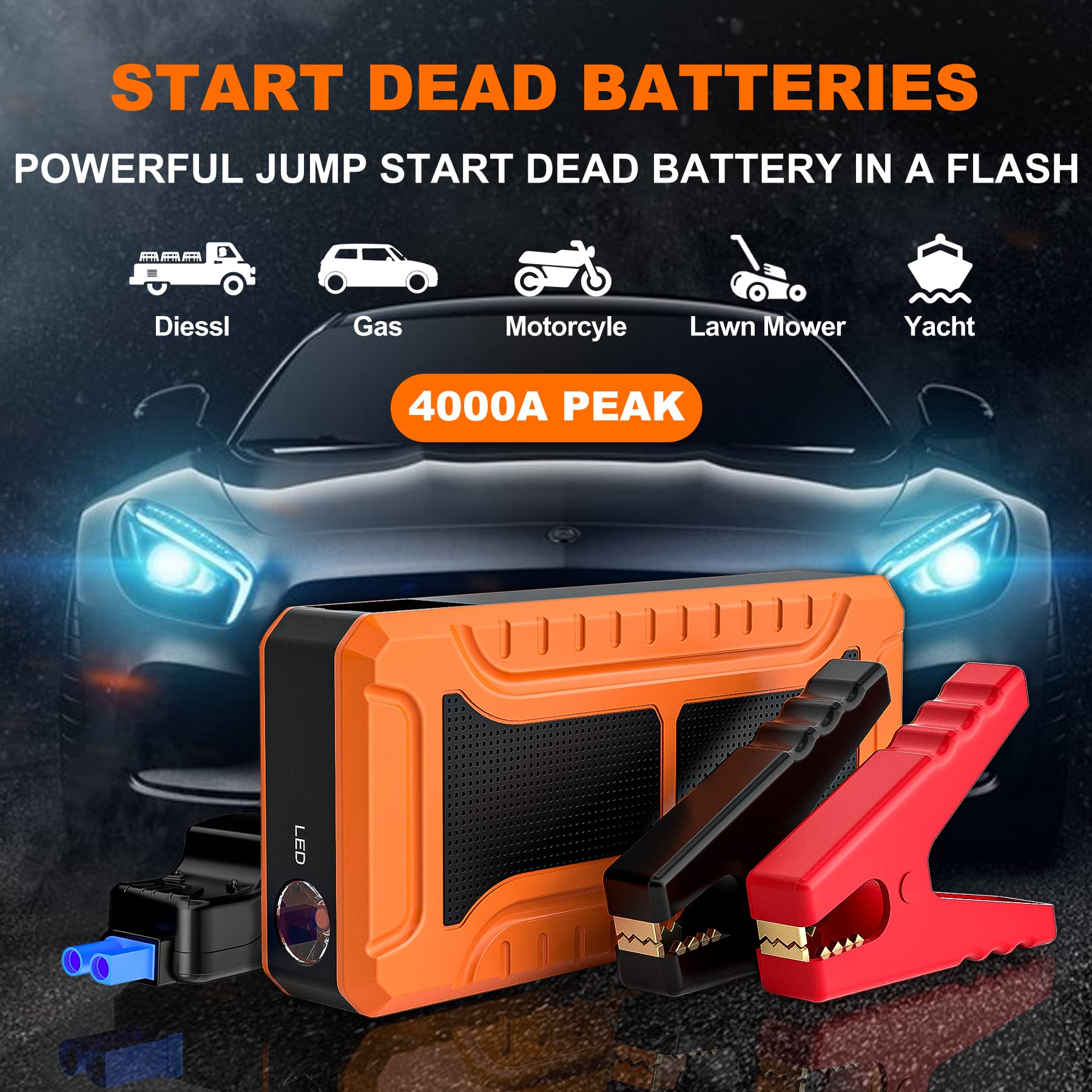 SYPOM Car Jump Starter 4000A Peak - Portable Battery Booster Pack for Gas/Diesel Engines, LED Light, Orange