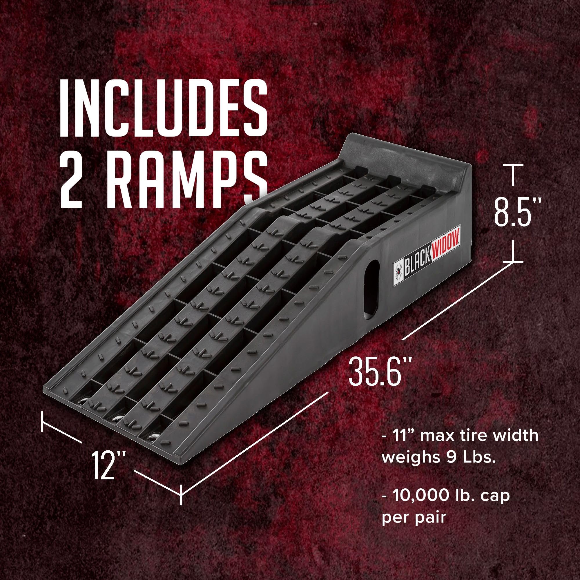 Black Widow Plastic Car Service Ramps - 10,000 lbs Capacity, 6.25" Lift Height, Set of 2, Black, Model PSR295
