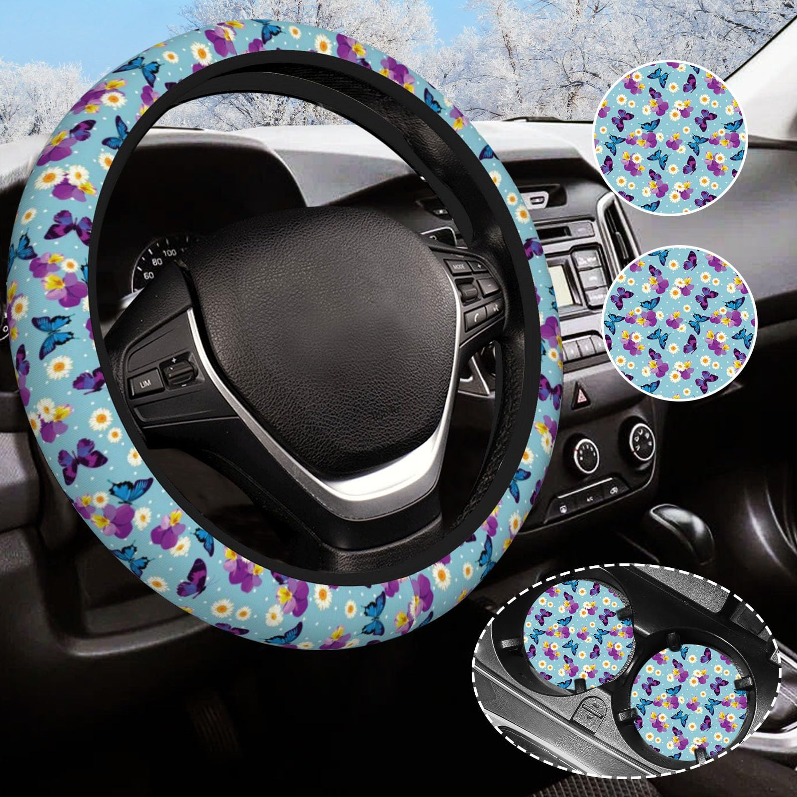 Blue Butterfly Steering Wheel Cover for Women Men with 2 Pcs Car Coasters, Universal 14.5-15 Inch Cute Steering Wheel Covers Non