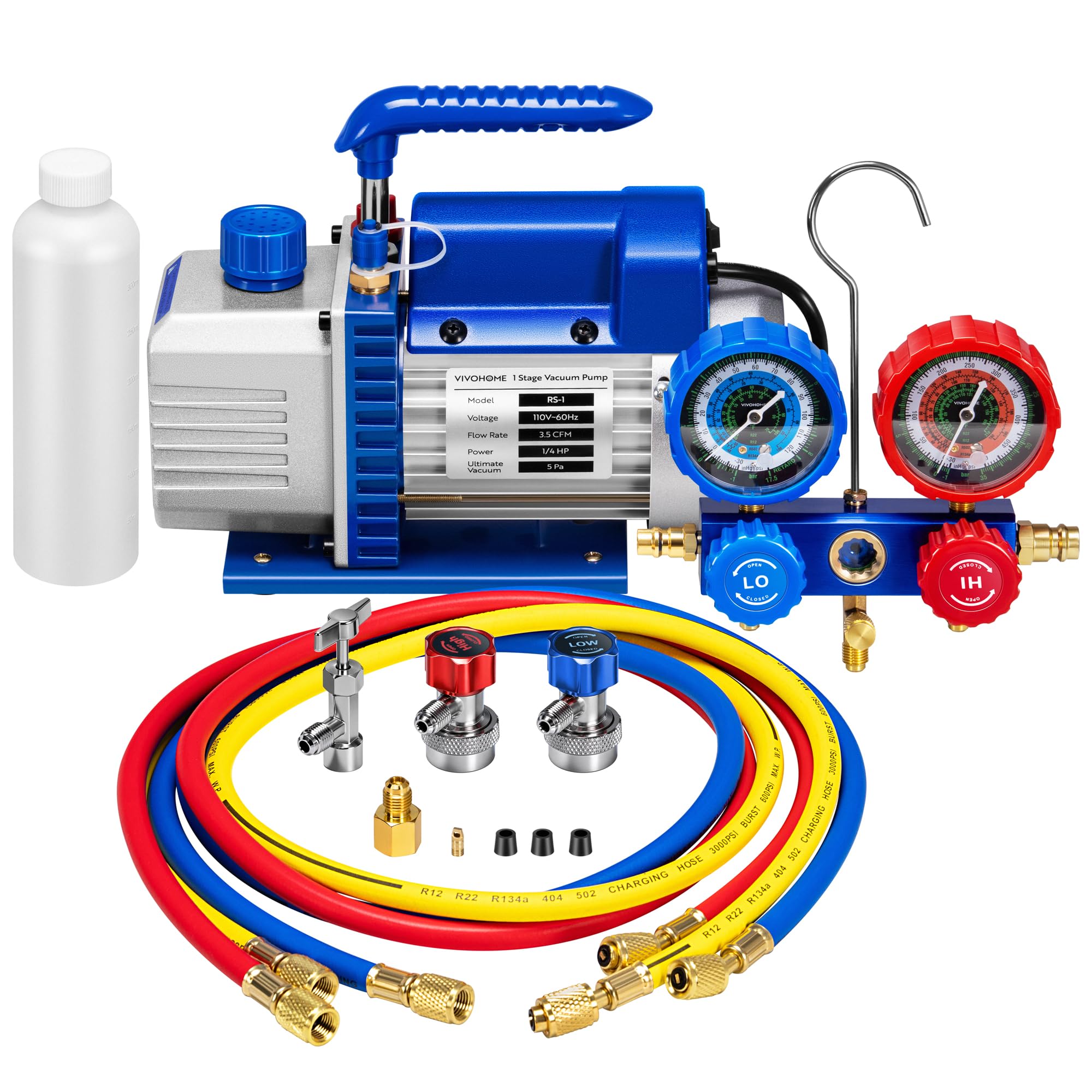 VIVOHOME AC Vacuum Pump and Manifold Gauge Set, 3.5 CFM 1/4 HP Single Stage Car AC Vacuum Pump Kit with 5ft Hoses for R134a R12 