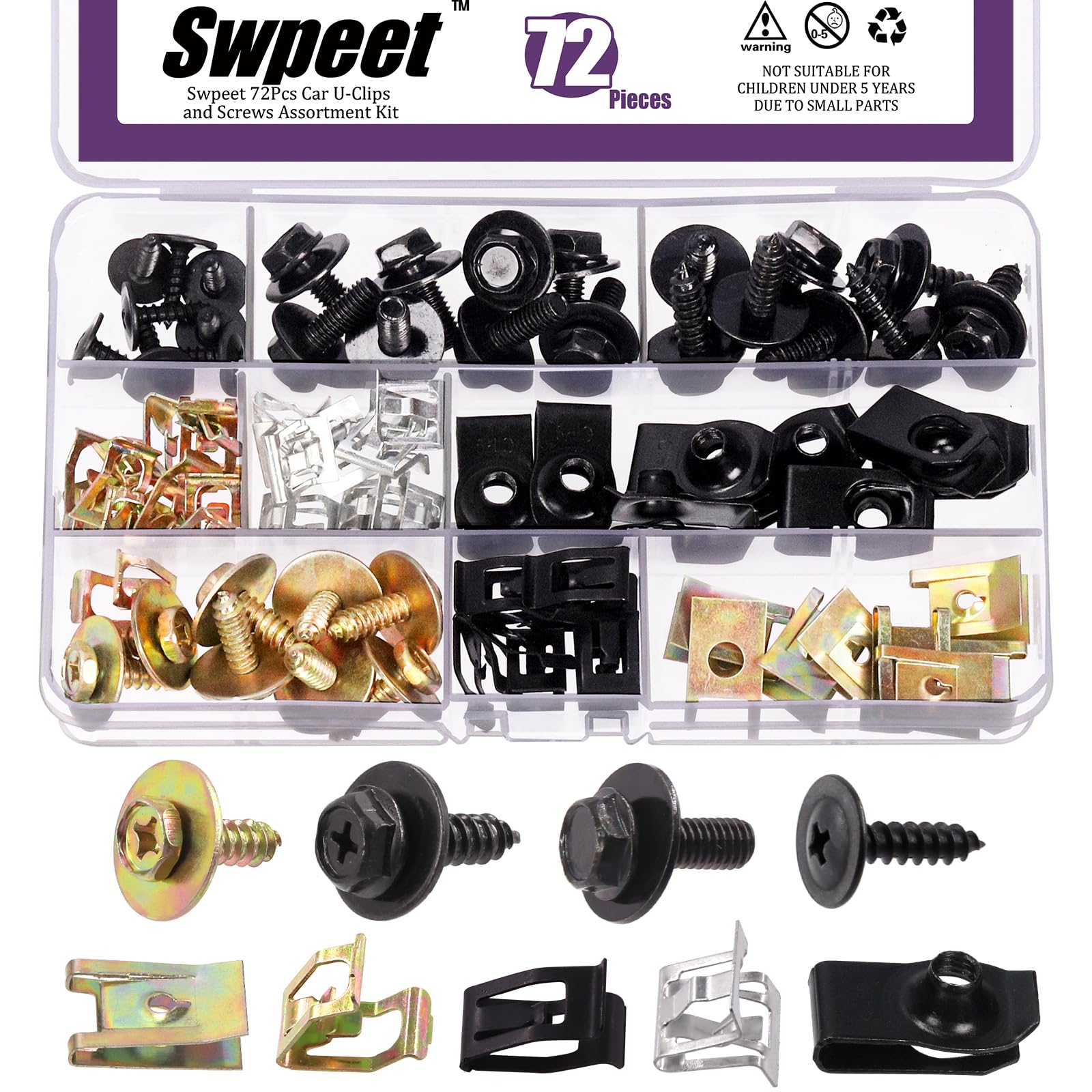 Swpeet 72Pcs Universal Metal Engine Under Cover Body Bolts Bumper Fender and Metal Trim Panel Spring Clip Auto Car U-Clip Trim M