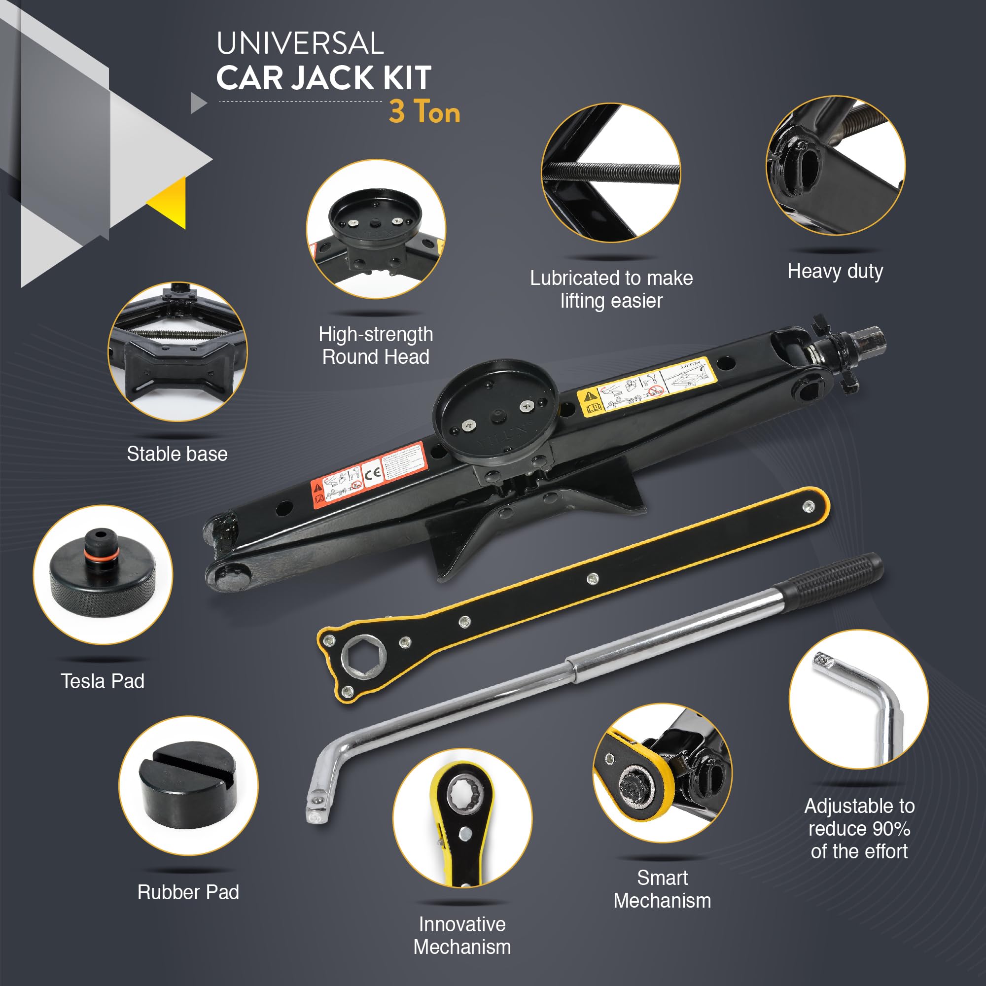Car Jack Kit With Tesla Pad & Universal Rubber Pad | Scissor Jack For Car 3 Ton (6,600 Lbs) - Tire Jack Tool Kit | Portable, Ide