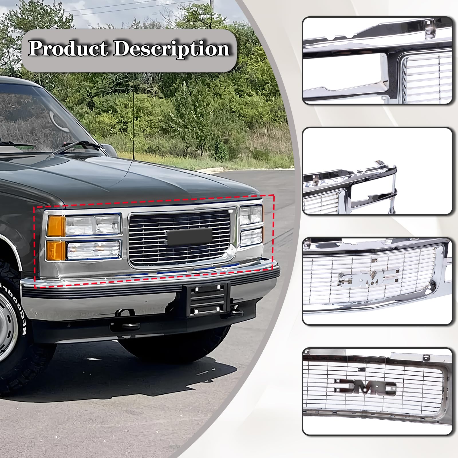 CarPartsDepot Front Grille Grill Chrome for 1994-2000 GMC C/K 1500 2500 3500 - Dual Headlight Holes, All Chrome Finish, Model 400