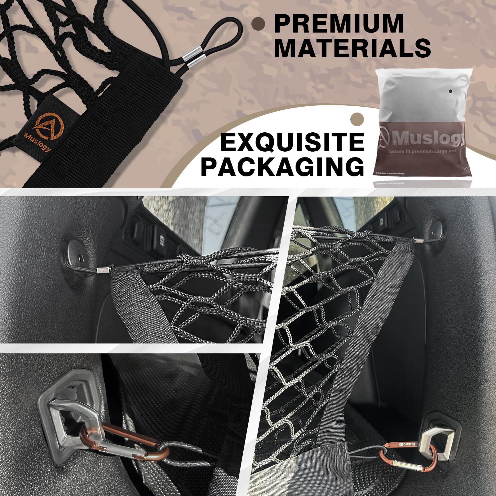 Muslogy Trunk Cargo Net for 2022-2025 Jeep Grand Cherokee, Black SUV Accessories, Heavy Duty with Carabiners, 2-Row Design