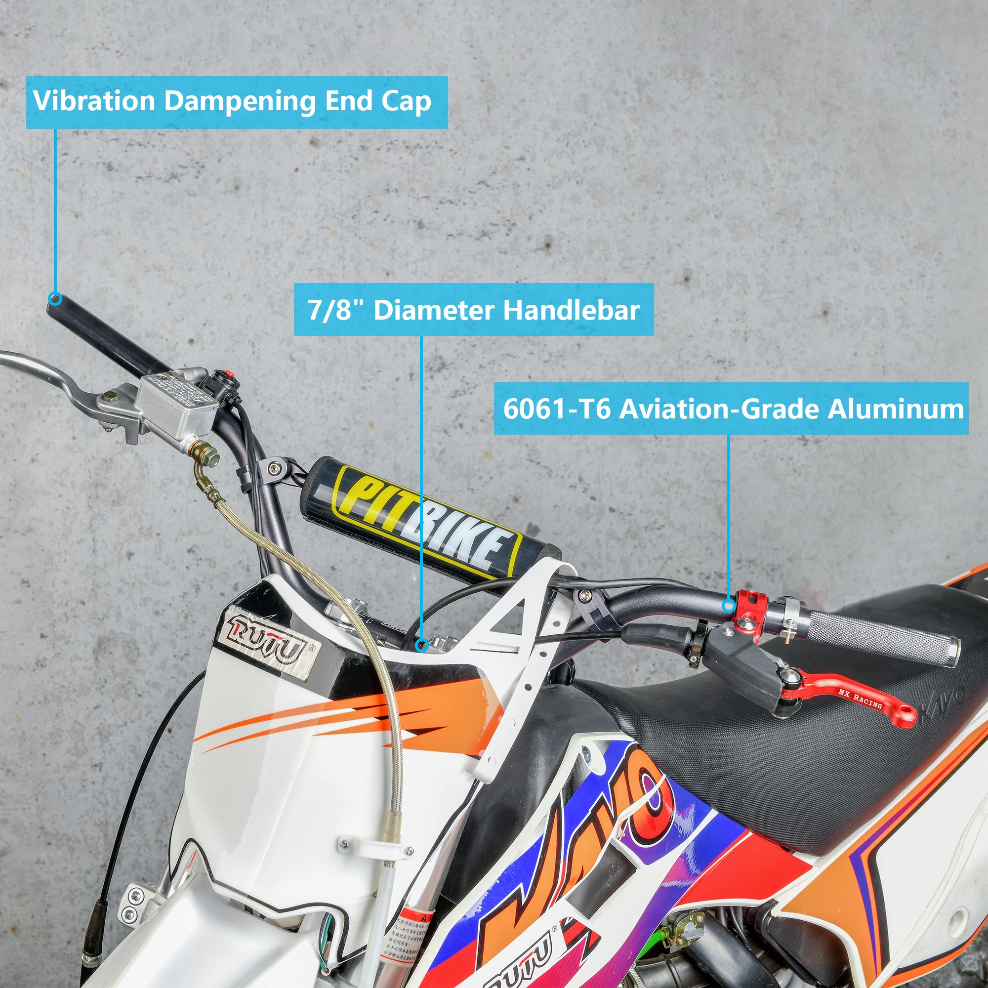 RUTU 7/8" Dirt Bike Handlebars with Chest Protector Pad - Aluminum, Black, Without Hand Guards