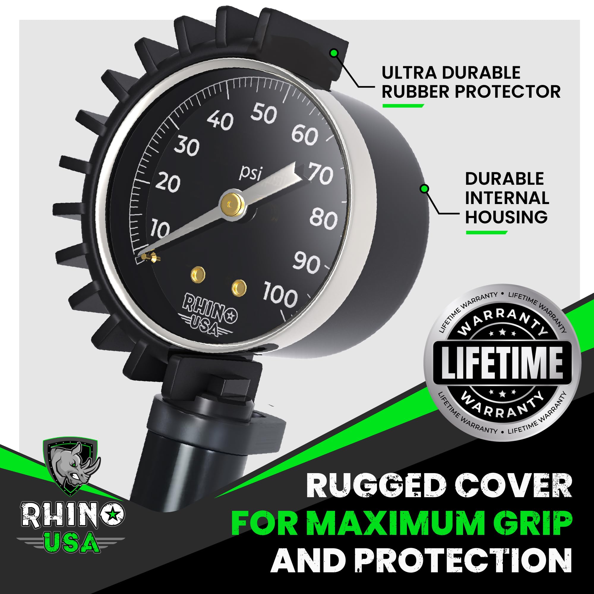 Rhino USA Tire Inflator with Pressure Gauge (0-100 PSI) - ANSI B40.1 Accurate, Large 2'' Easy Read Glow Dial, Premium Braided Ho