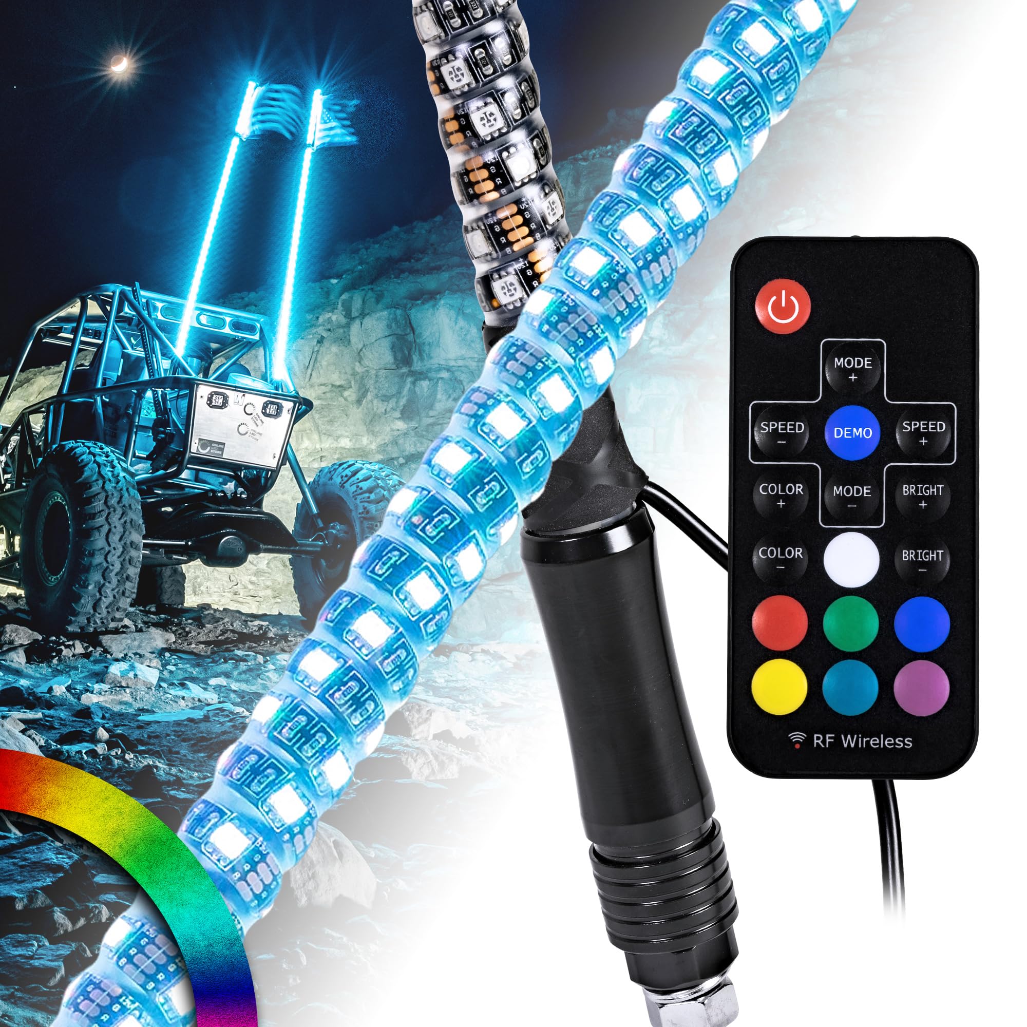 True Mods 2Pc 3Ft Spiral Rgb Led Whip Light For Utv Atv [Rf Wireless Remote] Flag Waterproof Led Lighted Whip Cb Antenna Pole St