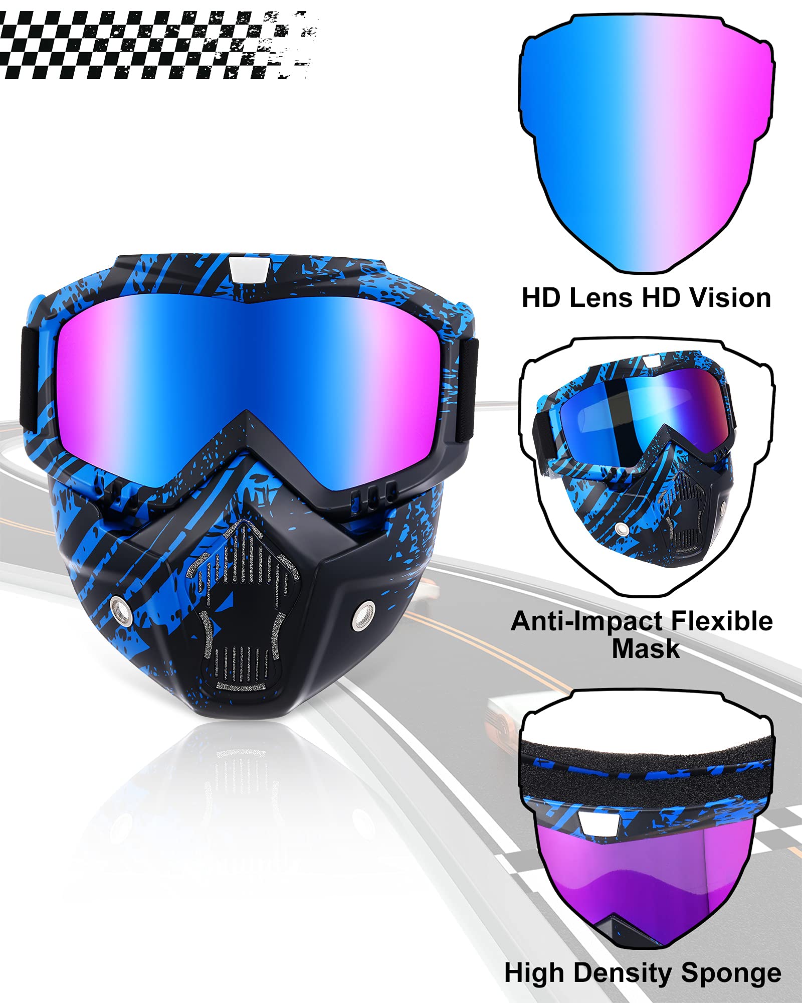 Frienda Motorcycle Goggles and Face Mask Set, Polycarbonate, Medium, Model Frienda-10840, Detachable Helmet Riding Glasses