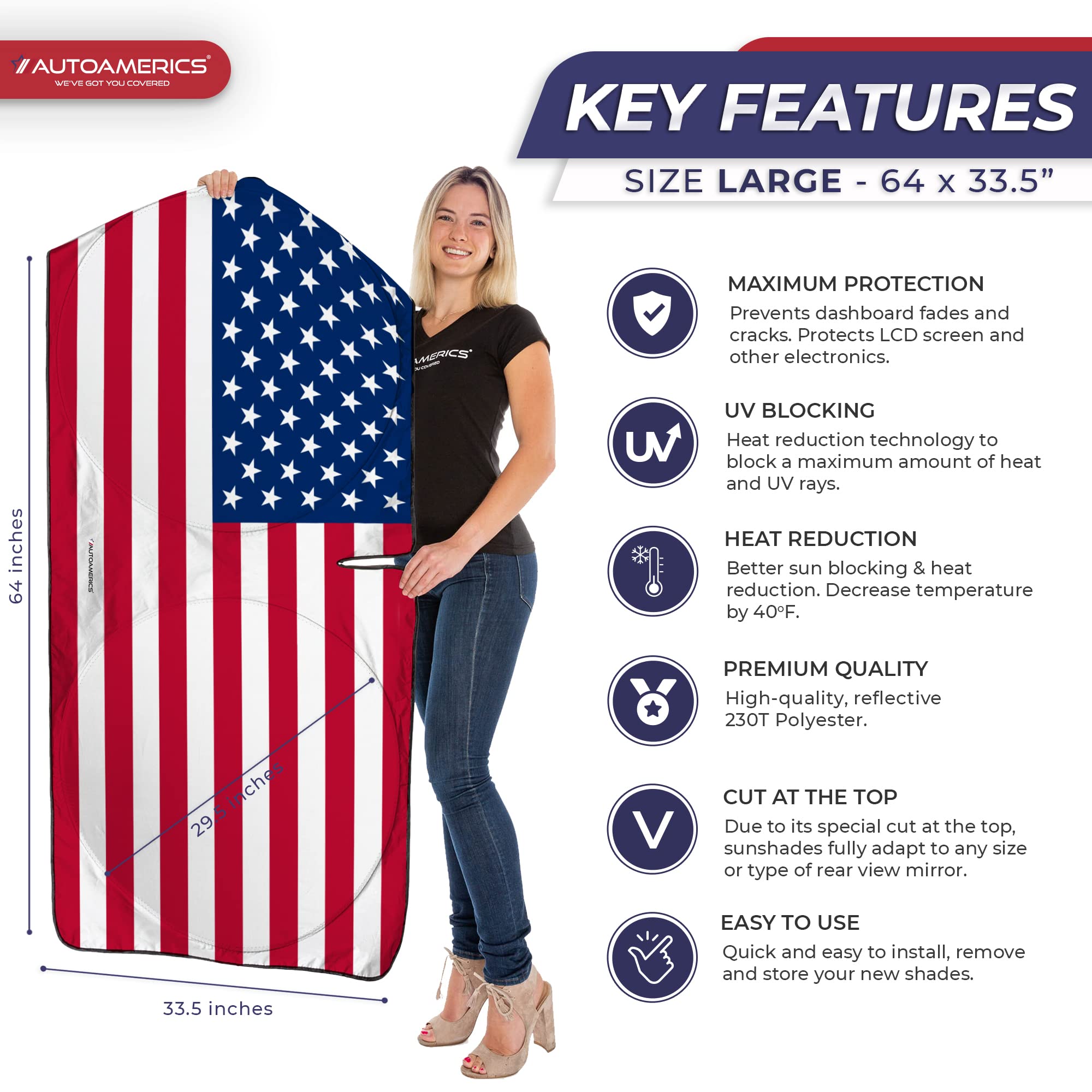 Autoamerics 1-Piece Windshield Sun Shade Original American Flag Usa Patriotic Design - Foldable Car Front Window Sunshade For Se