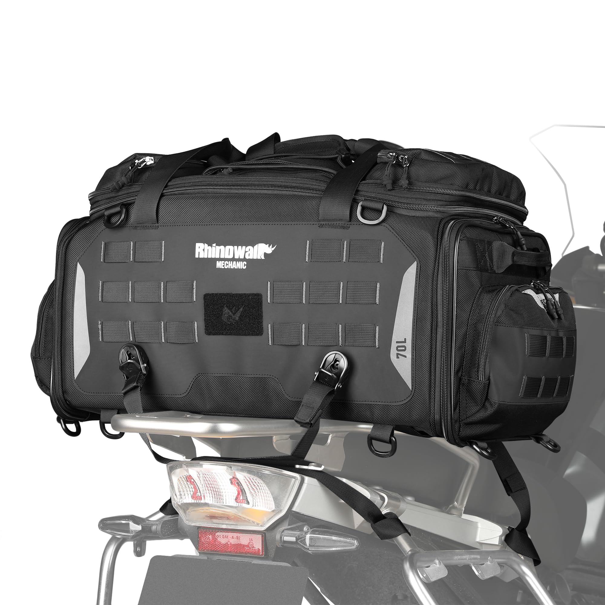 Rhinowalk Motorcycle Tail Bag - Expandable 50-70L Travel Luggage, Sport Saddle Bag, Waterproof Helmet Bag With Rain Cover, Backp