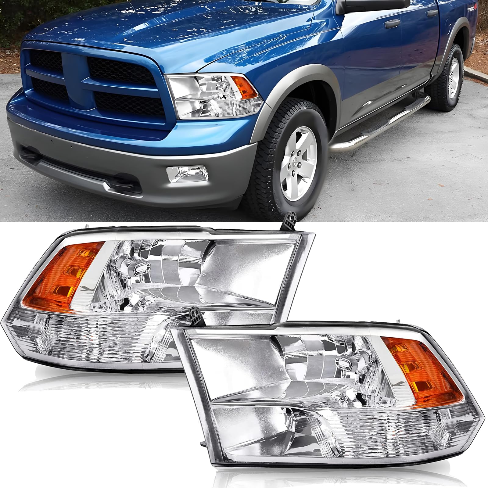 APSVE Headlights Assembly for 2009-2018 Dodge Ram 1500, 2010-2018 Dodge Ram 2500 3500 Headlamp Dual/Quad Beam Model, Chrome Hous