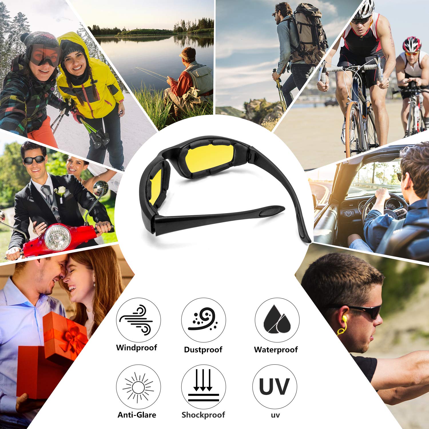 3 Pair Motorcycle Riding Glasses Padding Goggles Uv Protection Dustproof Windproofmotorcycle Sunglasses With Yellow Lens For Outdoor Sports Actives