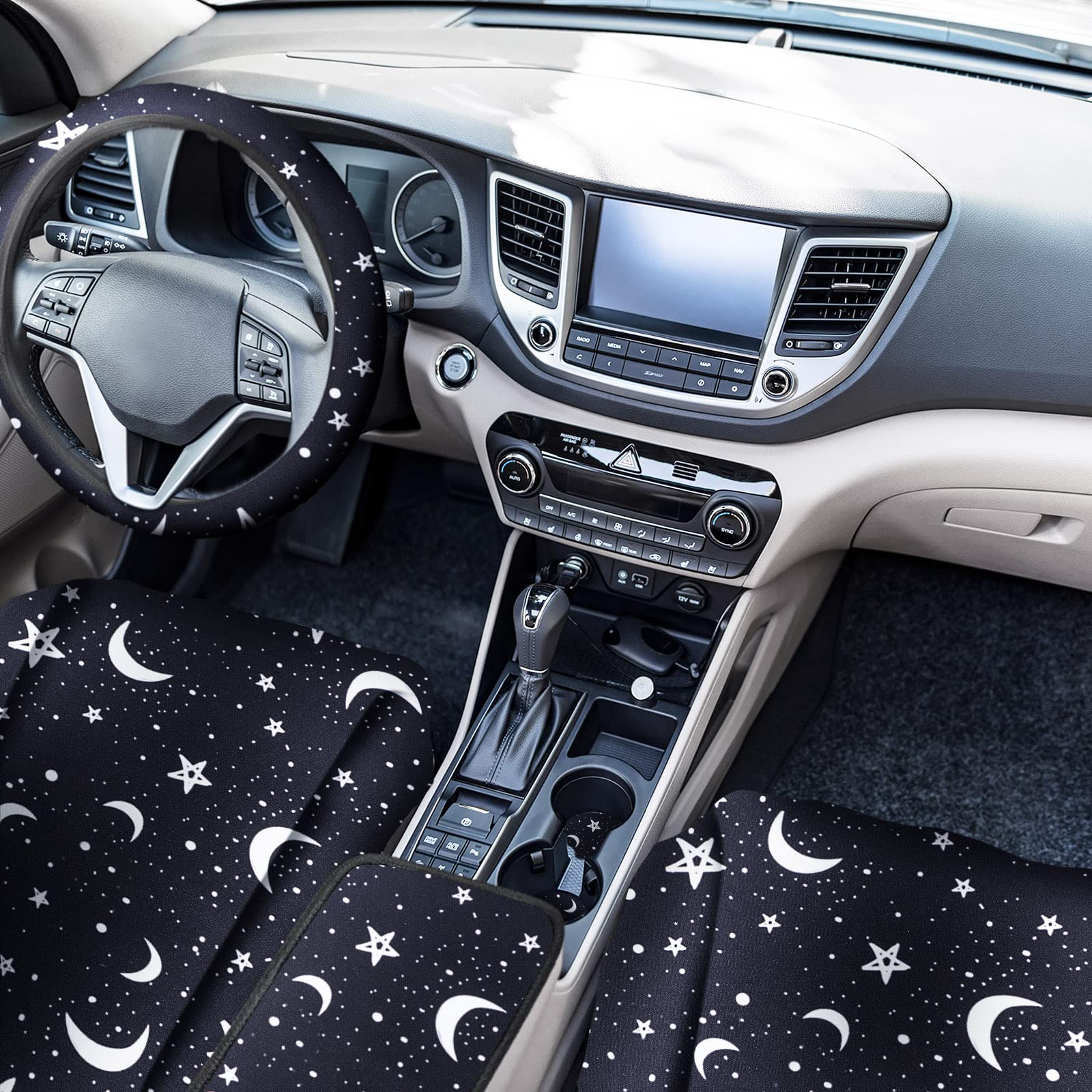 Frienda 15 Pieces Moon and Stars Car Seat Cover Full Set for Women Men Upgrade Thick Front Covers Universal Steering Wheel Separ