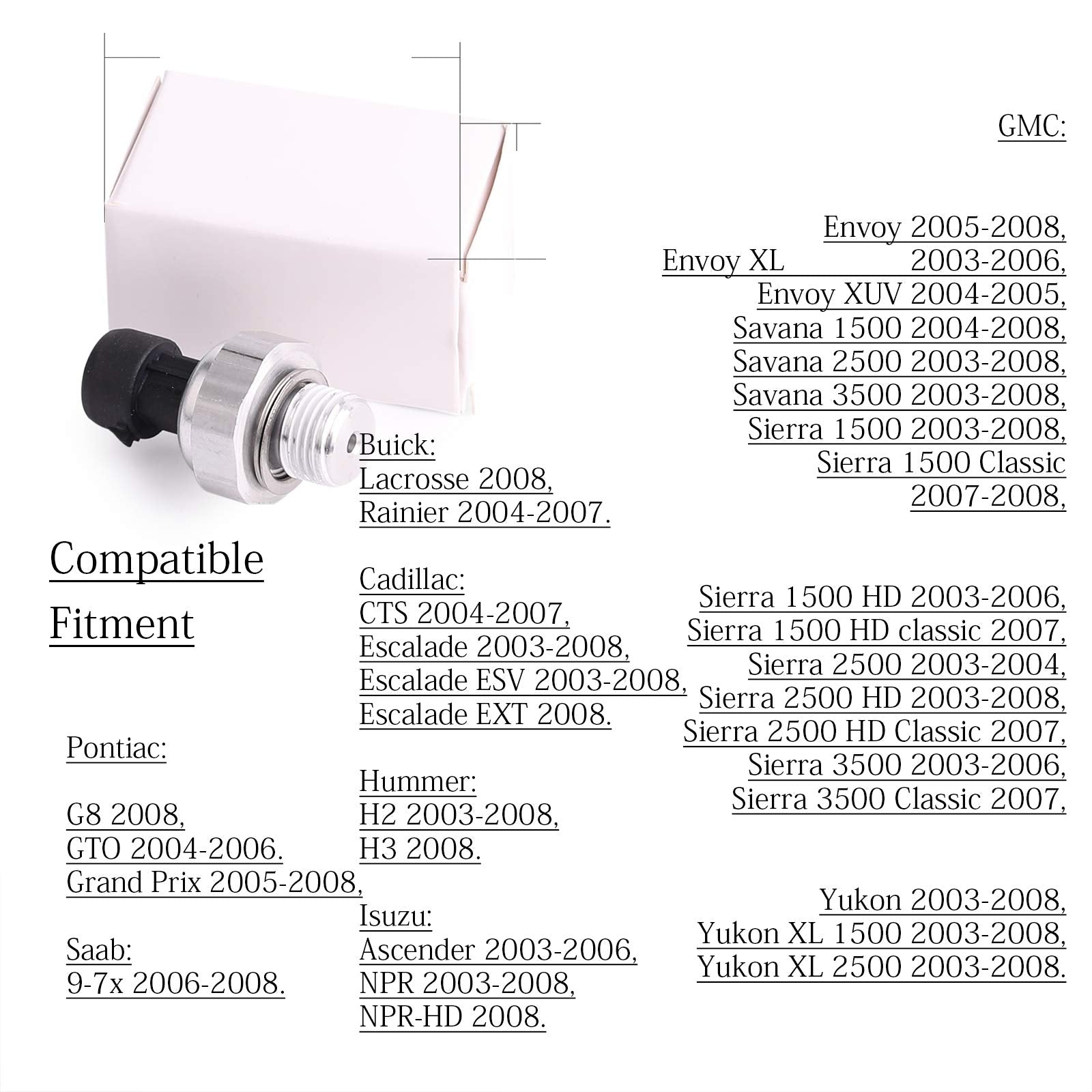 Engine Oil Pressure Sensor/Switch/Sending Unit D1846A Compatible with 2003-2008 4.8L/5.3L/6.0L/6.2L,GM Chevrolet Chevy Silverado
