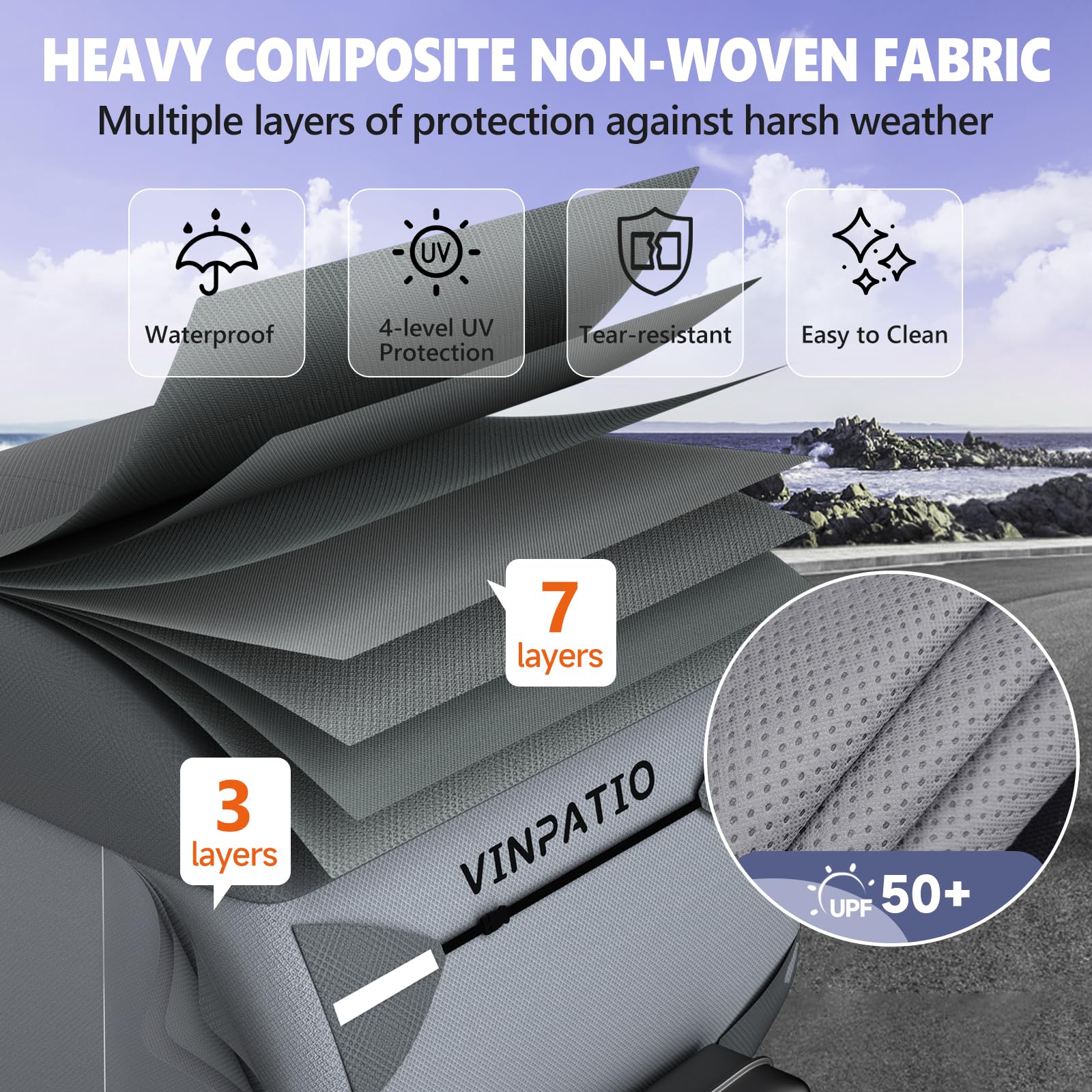 VINPATIO Teardrop Camper Cover, Heavy Duty 7-Layer Fabric, Fits 12-15FT Trailers, Grey, Model VT2007-1215