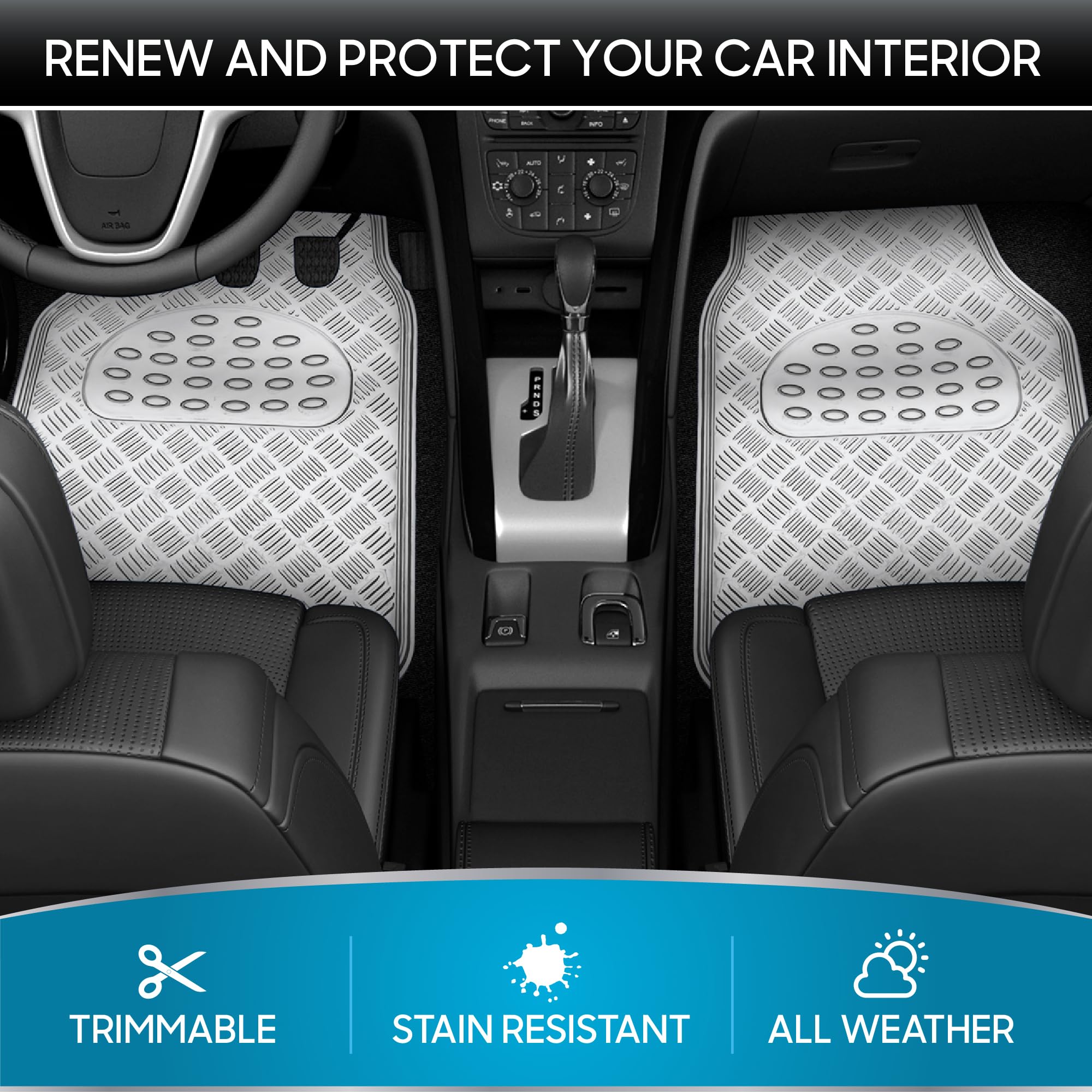 BDK Metallic Chrome Car Floor Mats, 4-Piece All Weather Vinyl Set, Non-Slip Heavy Duty for Cars SUVs Trucks - Silver, Model MT-641-SL
