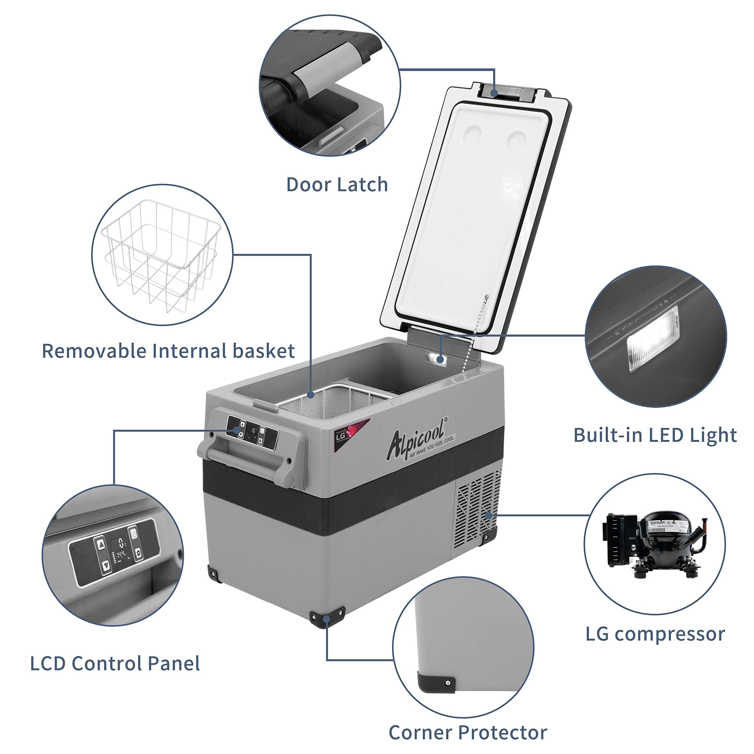 Alpicool LGCF45 Portable Refrigerator - 42 Qt Mini Fridge Freezer for Truck, RV, Outdoor -12/24V DC, -4℉~68℉ Temperature Range