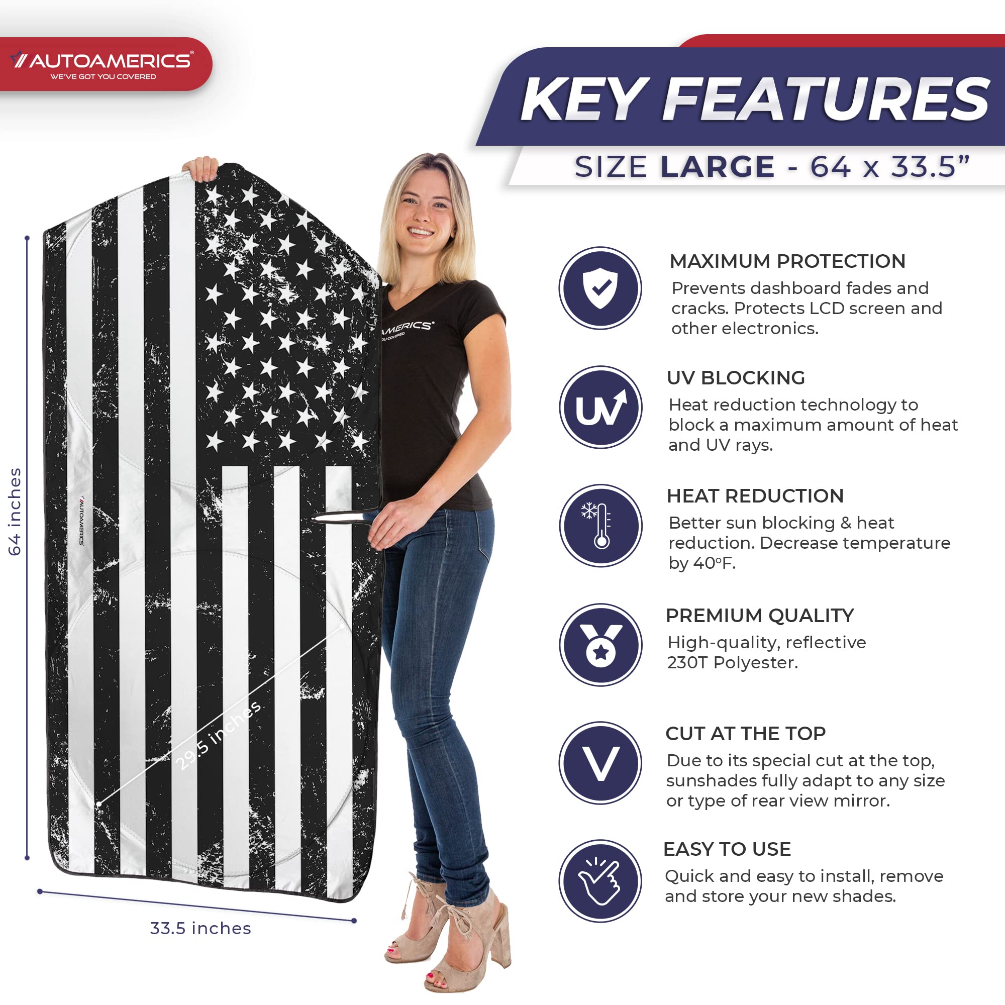 Autoamerics 1-Piece Windshield Sun Shade Grunge B&W American Flag Usa Design - Foldable Car Front Window Sunshade For Most Sedan