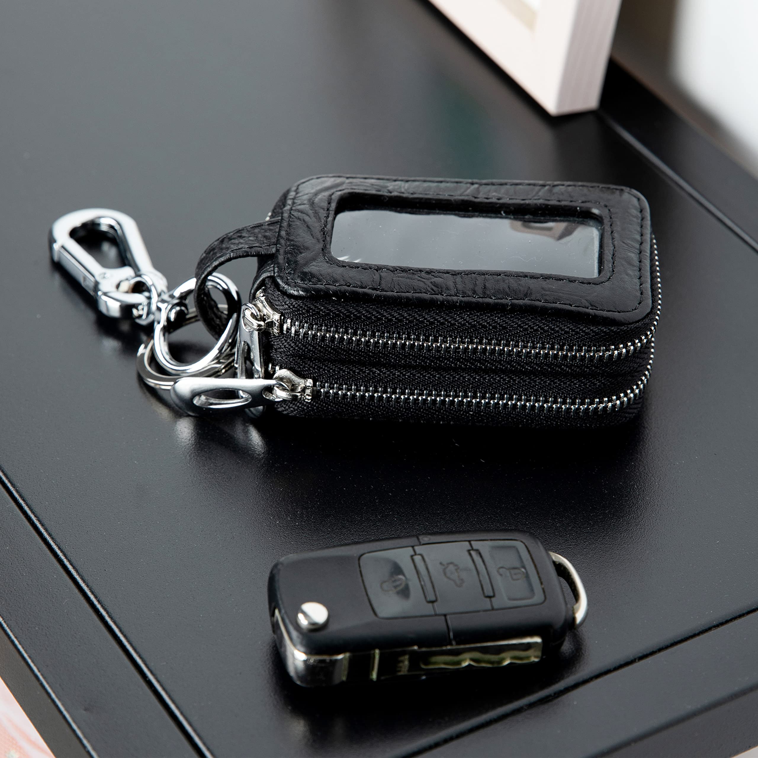 Aiqudou Double Deck Car Key Fob Bag -Leather Car Key Holder Universal Touch Screen Zipper Key Pouch Car Keychain Leather Key Hol