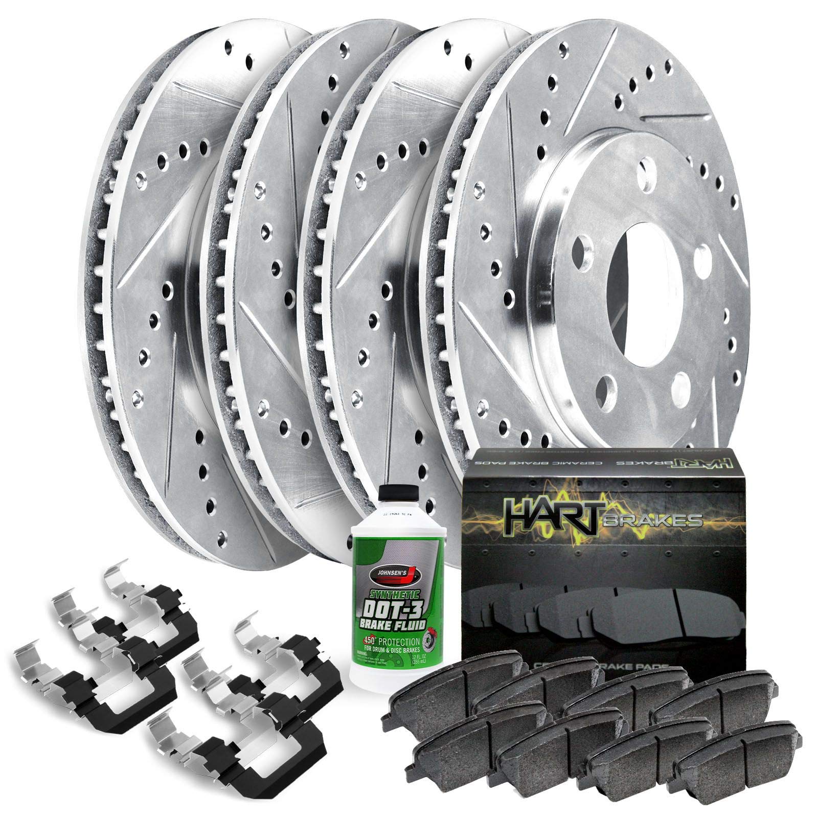 Hart Brakes Front And Rear Brake Rotors Silver Drilled Slotted Ceramic Brake Pads Compatible For 2016-2021 Hyundai Tucson, Kia S