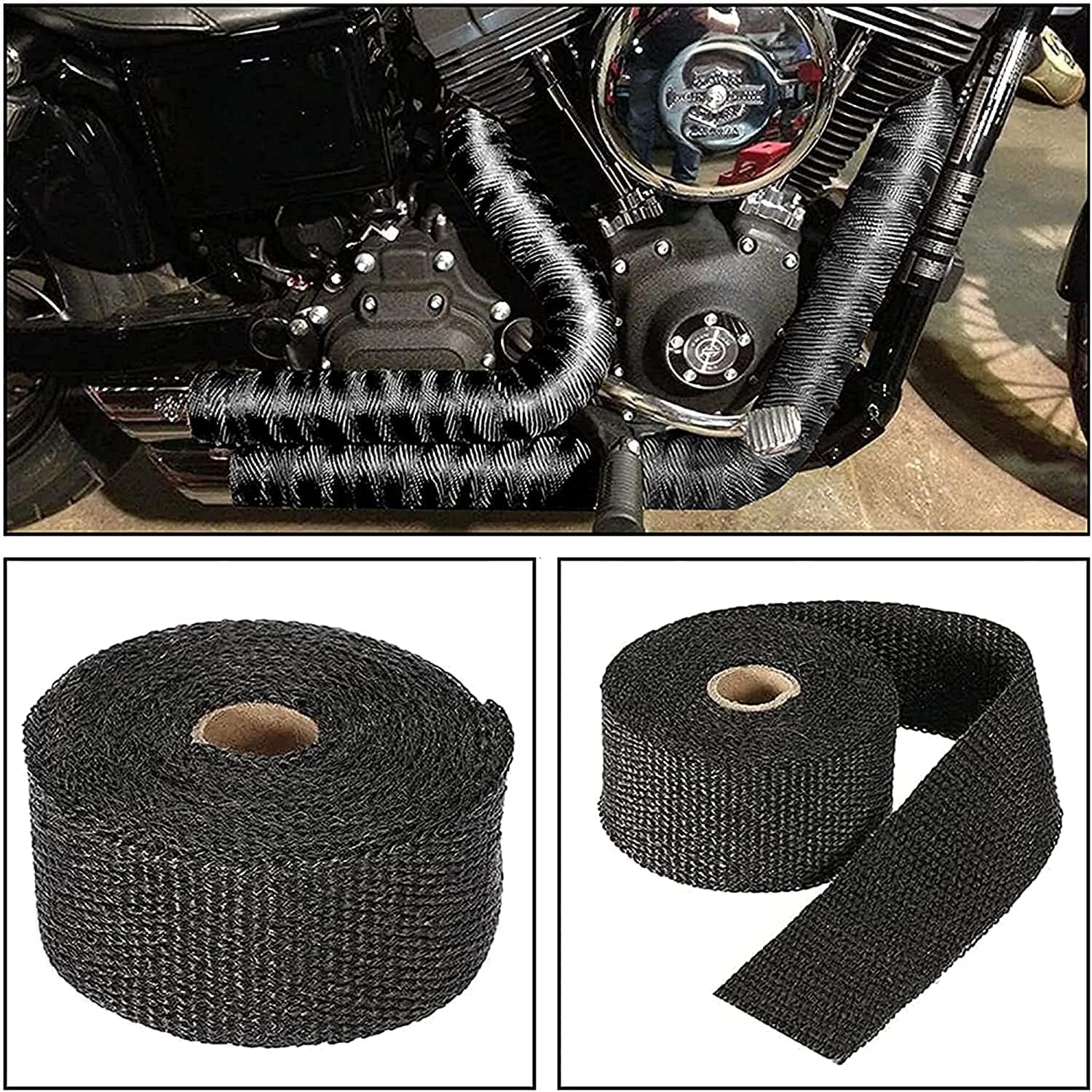 Black Exhaust Heat Wrap, Foneso 2 Roll 2 ' ' x 50 ' Exhaust Header Wrap Tape Fiberglass Heat Shield Tape with 24pcs Stainless St