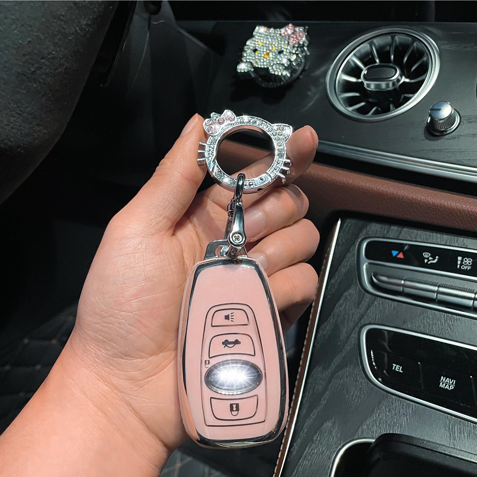 Pangpai Key Fob Cover Set for Subaru Ascent, BRZ, Crosstrek, Forester - TPU & Zinc Alloy, Pink with Bling Keychain