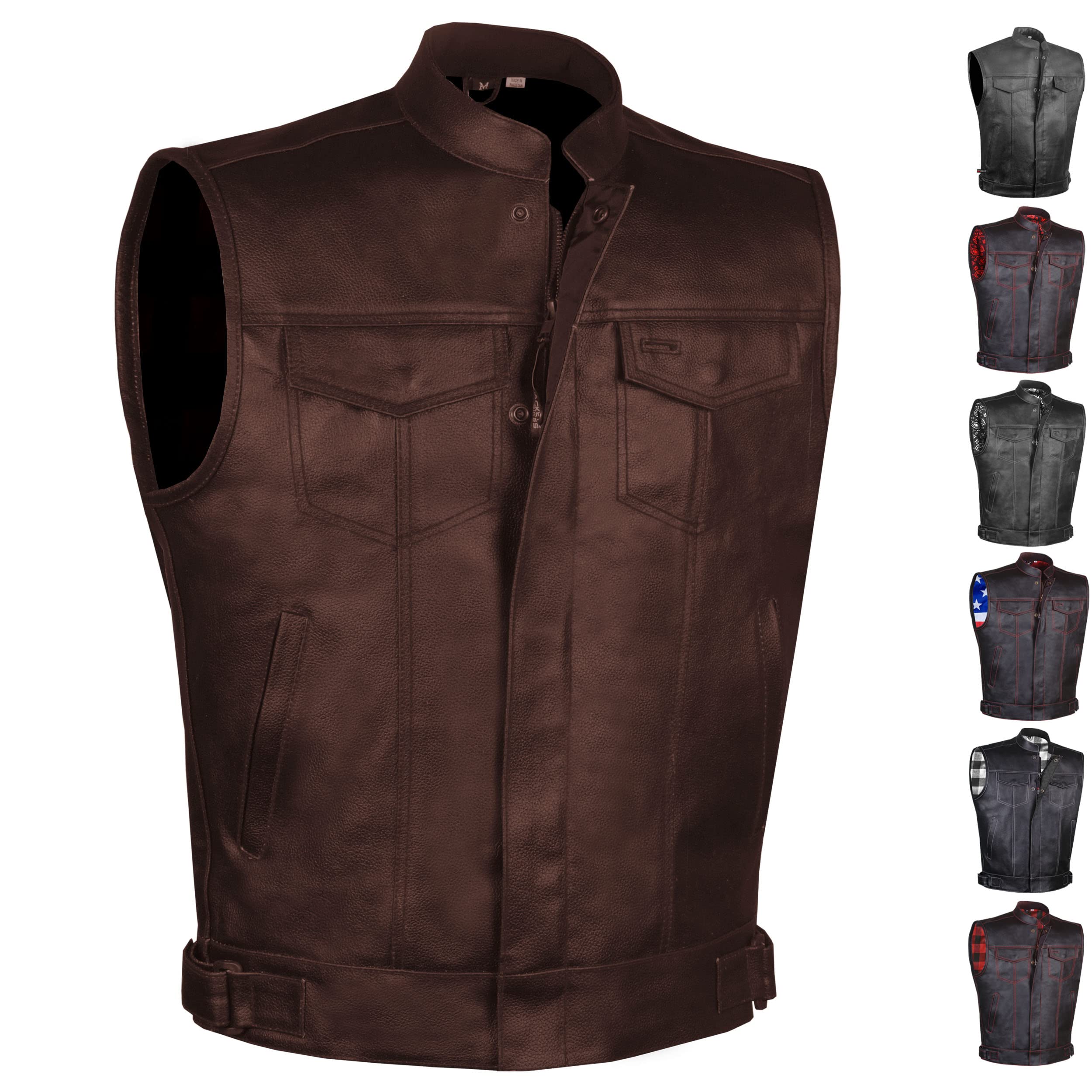 Soa Men 'S Premium Leather Motorcycle Vest With Biker Club Concealed Carry Gun Pockets W/Armor Coffee Brown Xxl