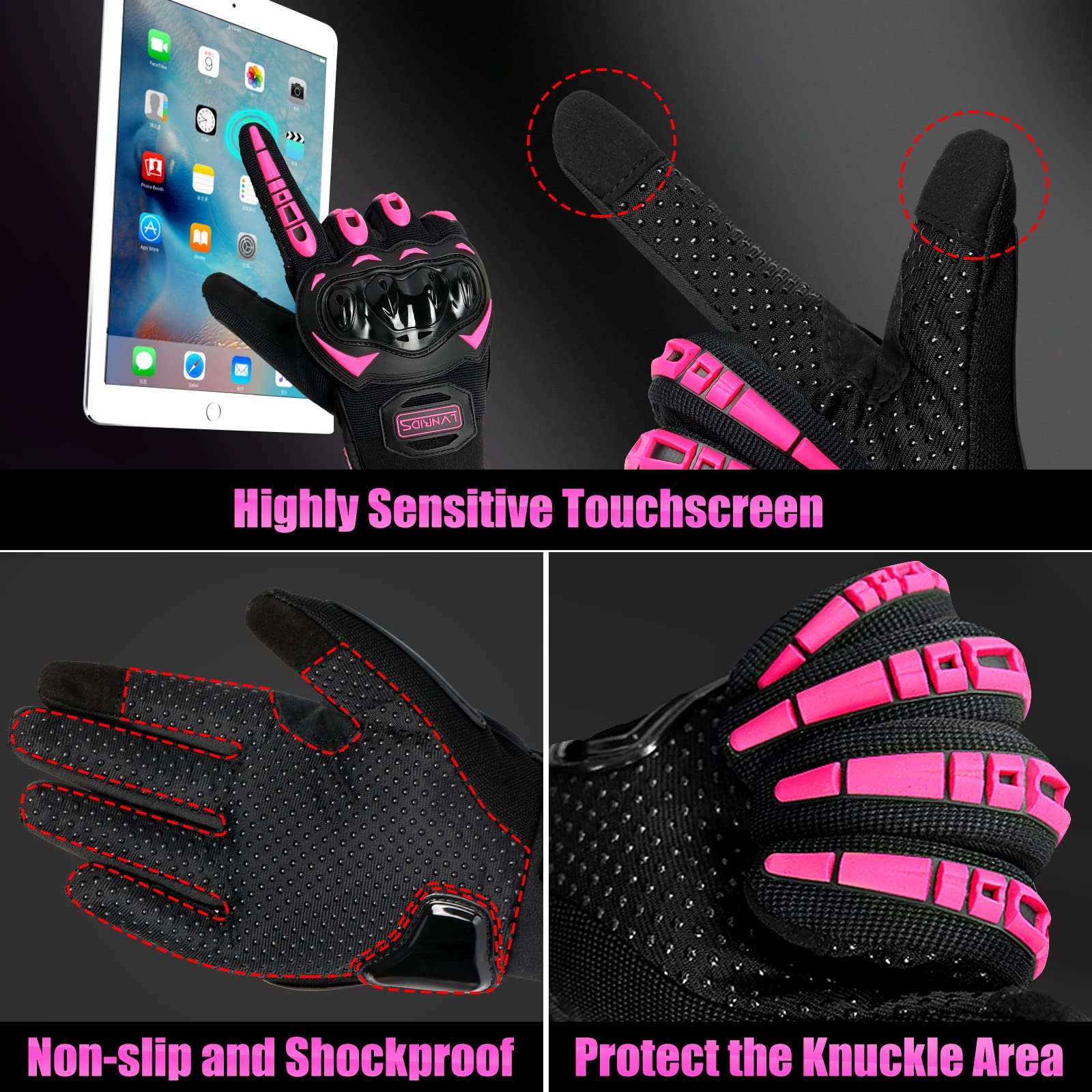 Lvnrids Motorcycle Gloves With Touchscreen Men And Women Racing Gloves For Motocross Bmx Atv Mtb Riding Cycling Pink L