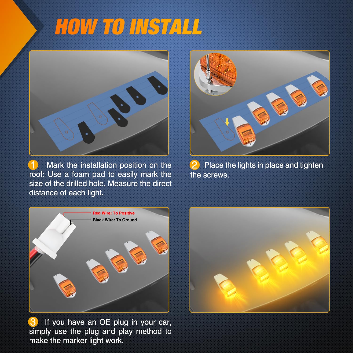Nilight Cab Roof Marker Light 5 PCS 17 LED Amber Waterproof Clearance Lights for Heavy Duty Trucks Model NA960