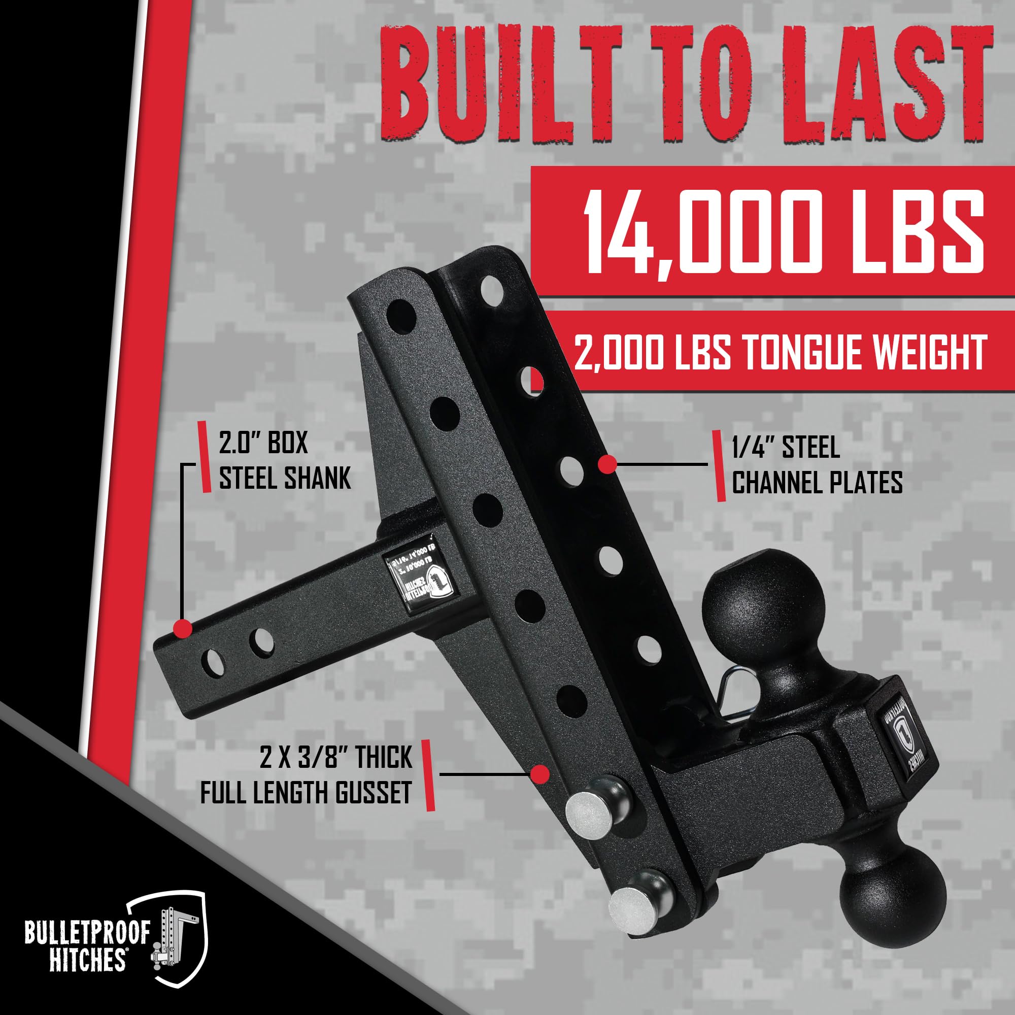 Bulletproof Hitches - 2.0'' Adjustable Medium Duty Trailer Hitch (14,000 Lb. Rating) - Offset 4'' And 6'' Drop/Rise Trailer Hitc