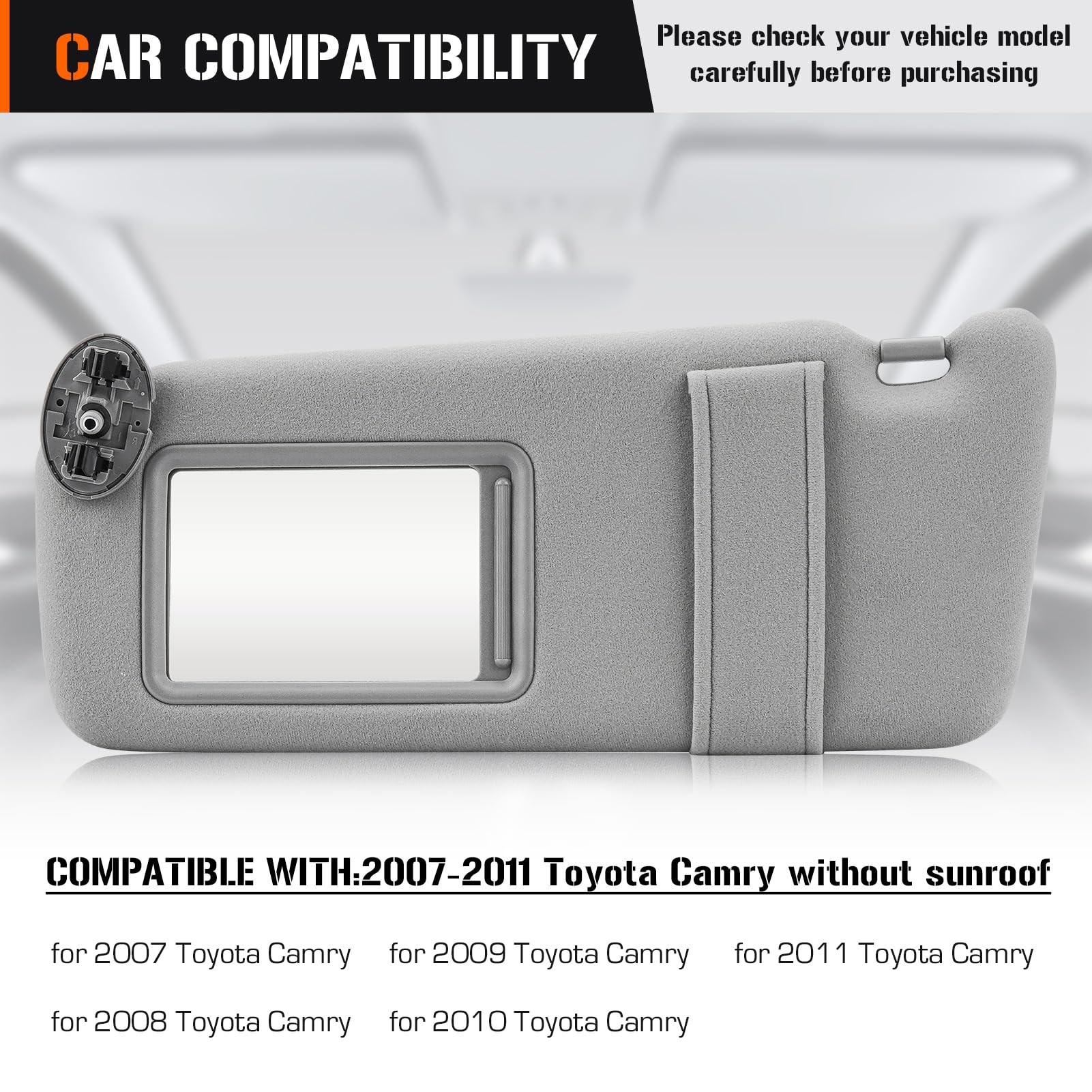 Sun Visor For 2007-2011 Toyota Camry Without Sunroof, Left Driver Side Gray Sunvisor Replacement 74320-06780-B0, 74320-33B81-B0