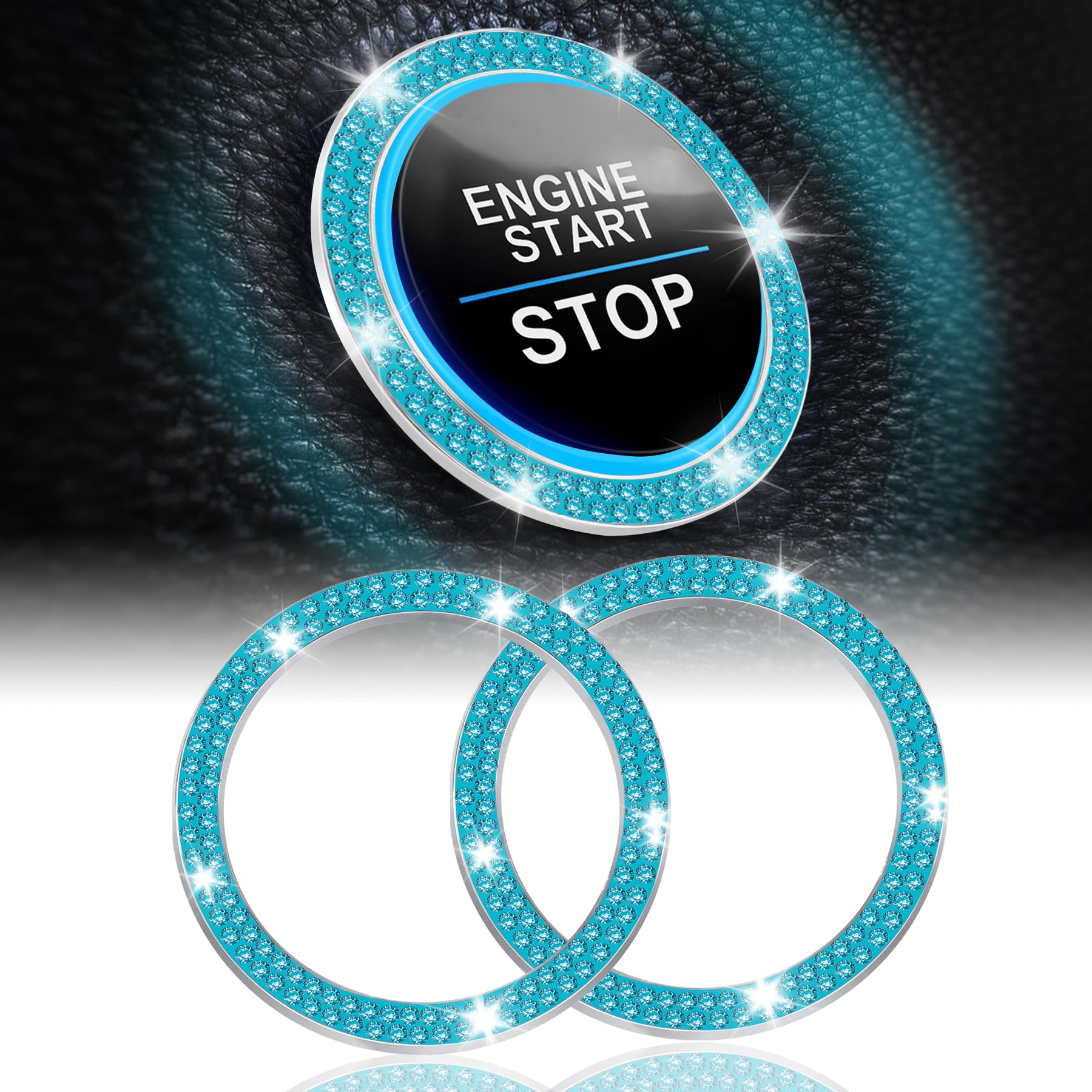 Livtee 2 Pcs Crystal Double Rhinestone Car Engine Start Stop Decoration Ring, Bling Car Interior Accessories For Women, Push To Start Button Cover/Sticker, Key Ignition & Knob Bling Ring, Cyan