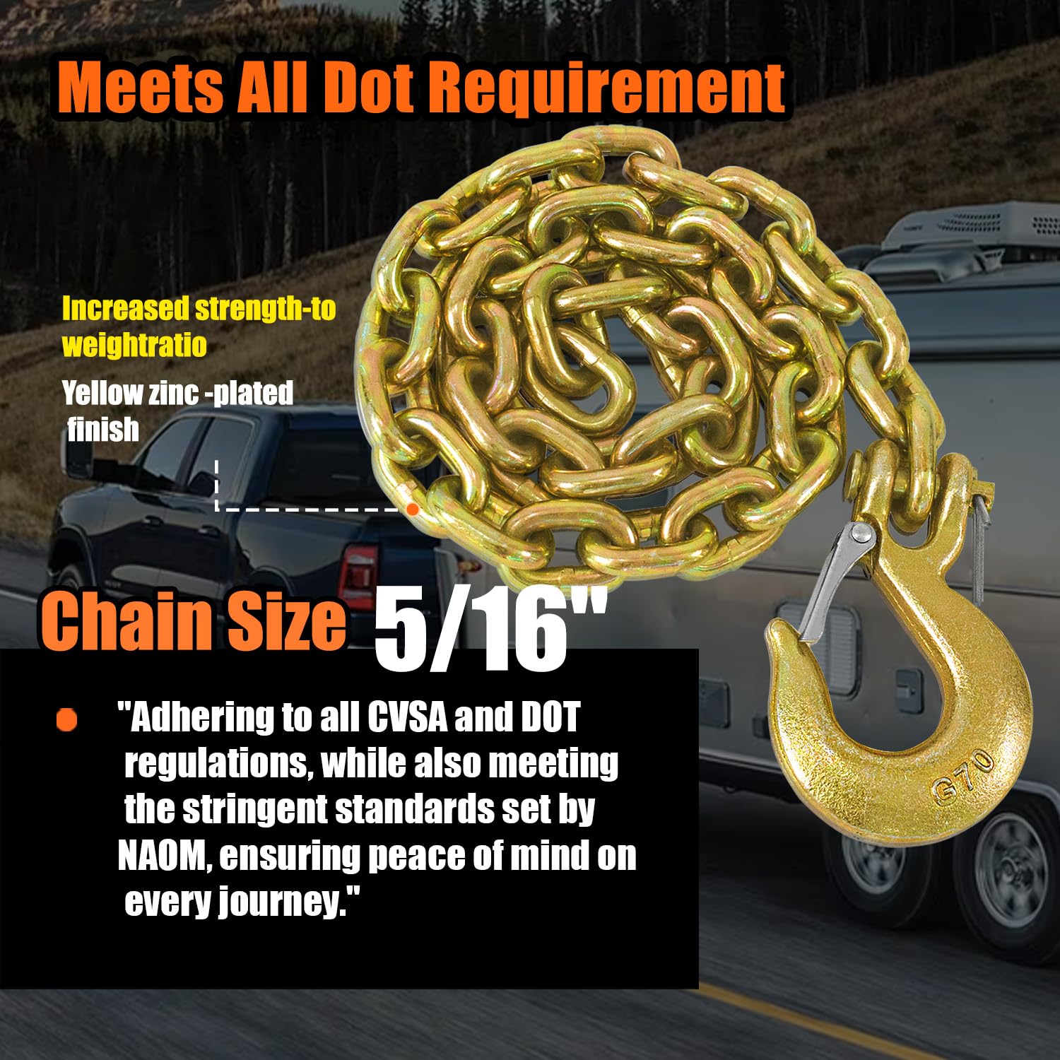 TKK 2-Pack Grade 80 Trailer Safety Chain, 36" Heavy-Duty Steel, 5/16" Clevis Snap Hook, Yellow, WLL 21,000 lbs for T