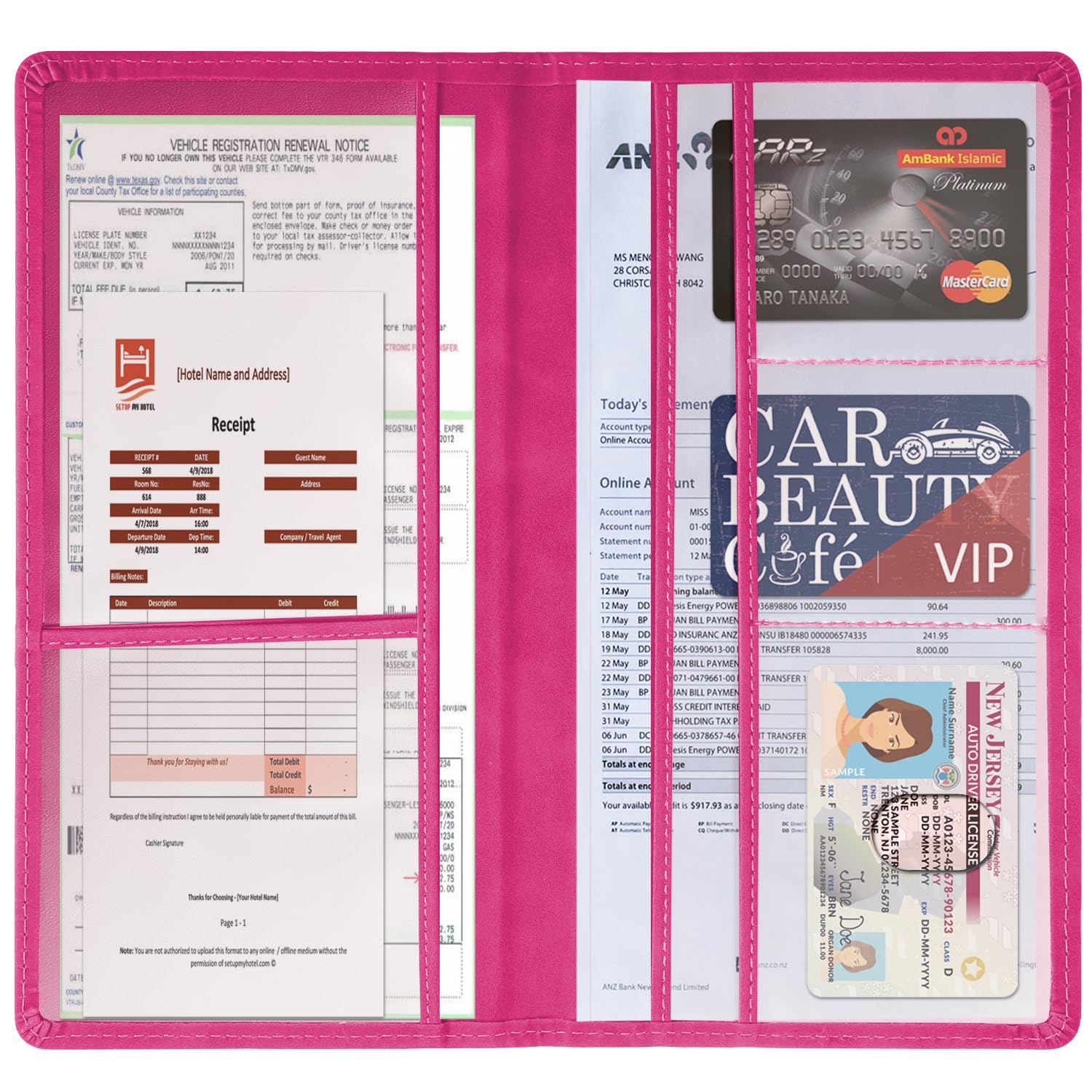 HOURUNTALL Premium Leather Car Registration and Insurance Holder, Pink, Model 1, Glove Box Organizer for Documents and License