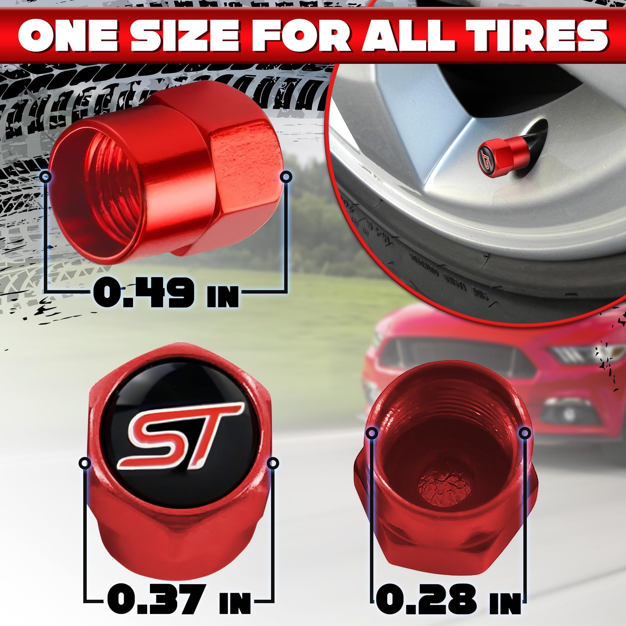 Reluen Metal Tire Valve Stem Caps - 4Pcs Red O-Rings, Fits Ford ST Models, Corrosion-Resistant, Universal Fit for Cars & Motorcycles