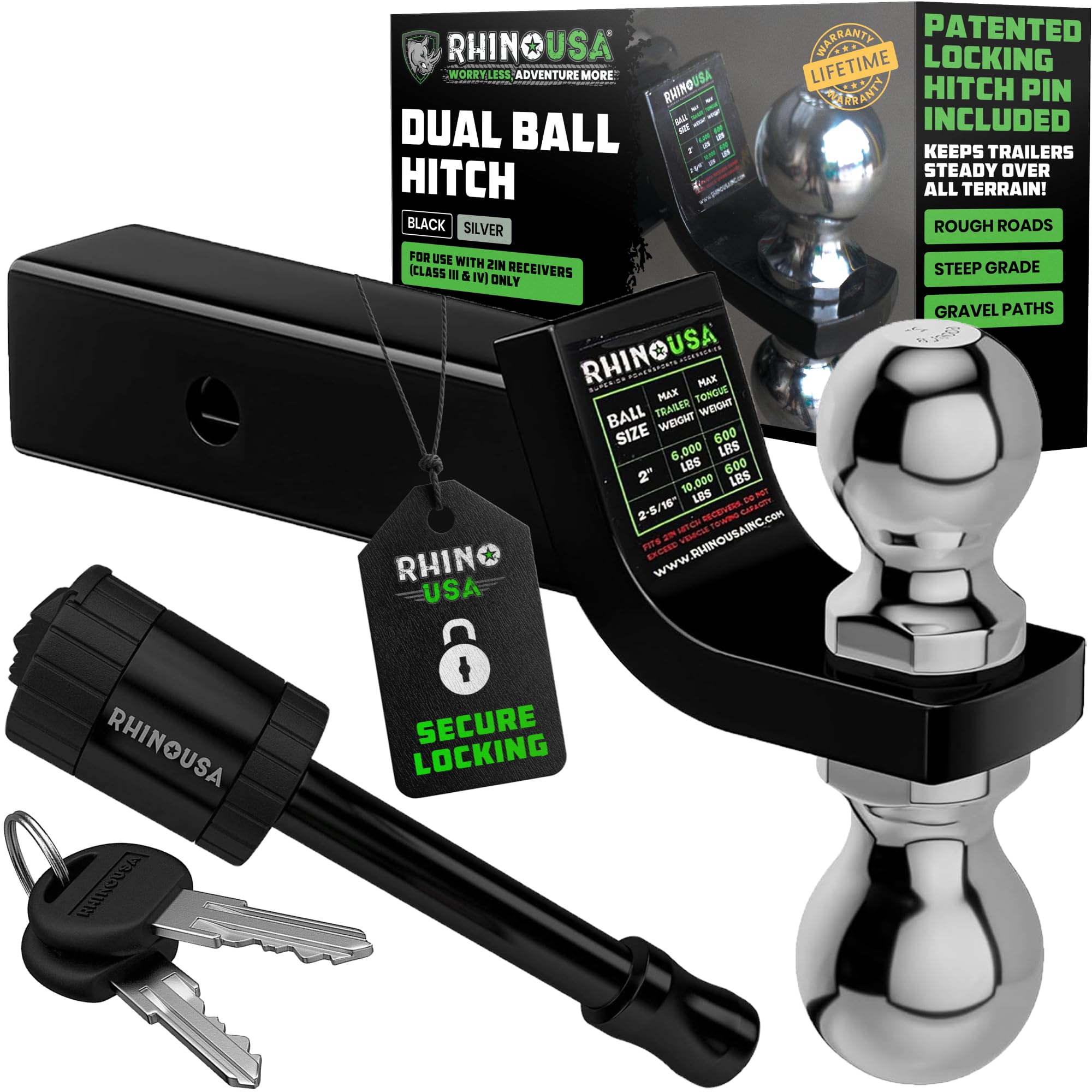 Rhino USA Dual Ball Hitch (Fits 2-Inch Receiver) - Heavy Duty Reversible Tow Hitch for 2 Inch and 2 5/16 Trailers (10,000 LBS GT