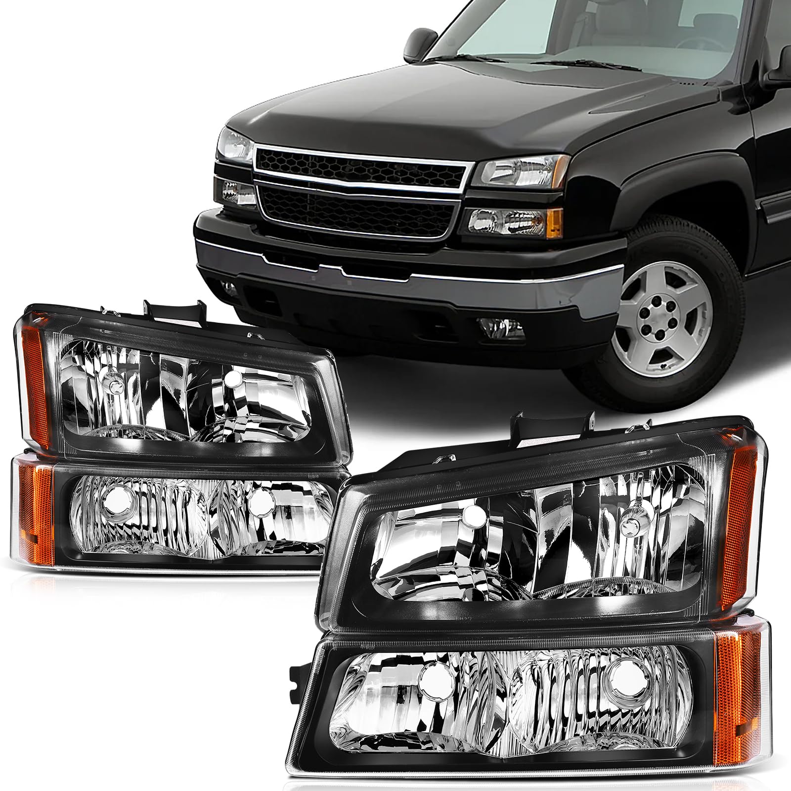 SCITOO Headlights For Chevy Avalanche 1500/2500 2003-2006 without Body Cladding Model Headlamps Black Housing Clear Reflector Cl