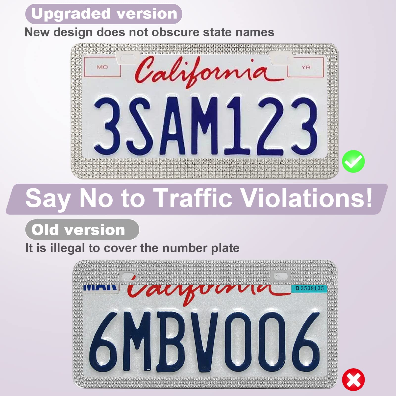 Quanqiufei Bling License Plate Frames For Women, Sparkly Rhinestone Diamond Car Accessories With Glitter Crystal Caps (1 Pack Wh