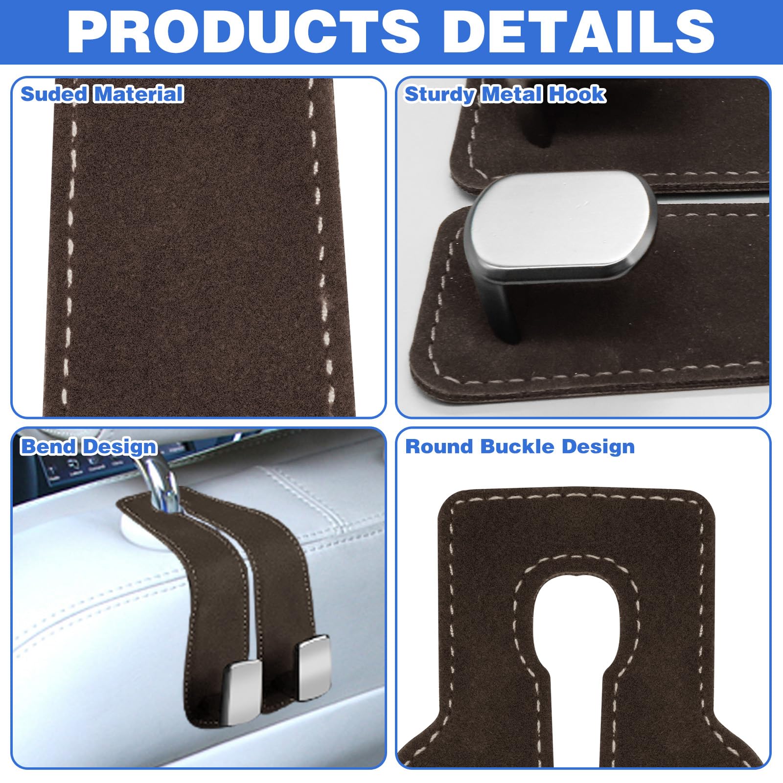 4Pcs Car Hooks For Headrest, Universal Mobile Phone Holder & Storage Hooks For Purses And Bags (Brown)