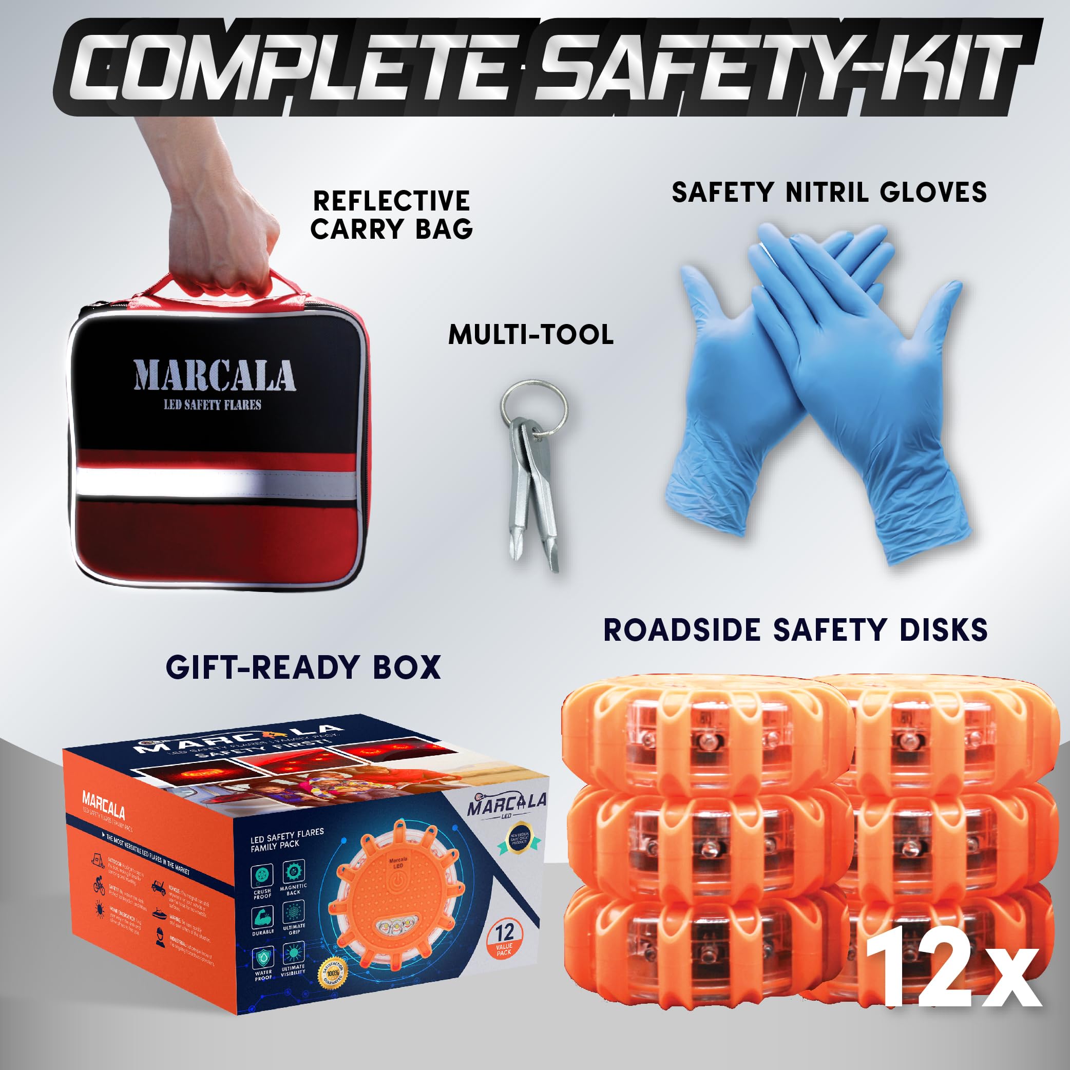 Marcala Emergency Flares For Cars 12-Pack | Roadside Emergency Car Kit With Flares | Roadside Safety Discs | Led Safety Flare Em