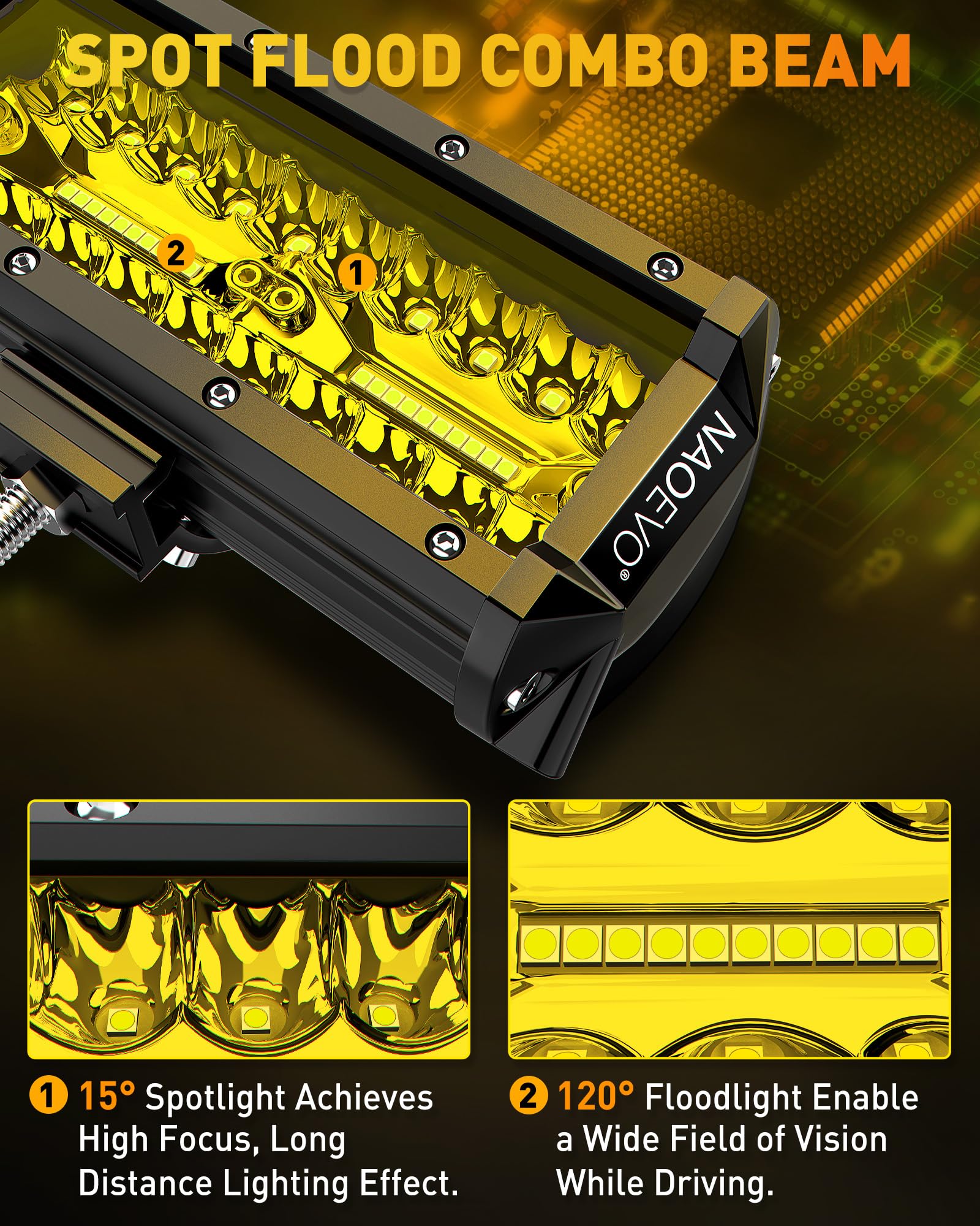 Naoevo 7 Inch Yellow Led Light Bar, 240W 24,000Lm Led Pods/Off Road/Fog/Driving Lights With Spot Flood Combo For Truck Boat Utv