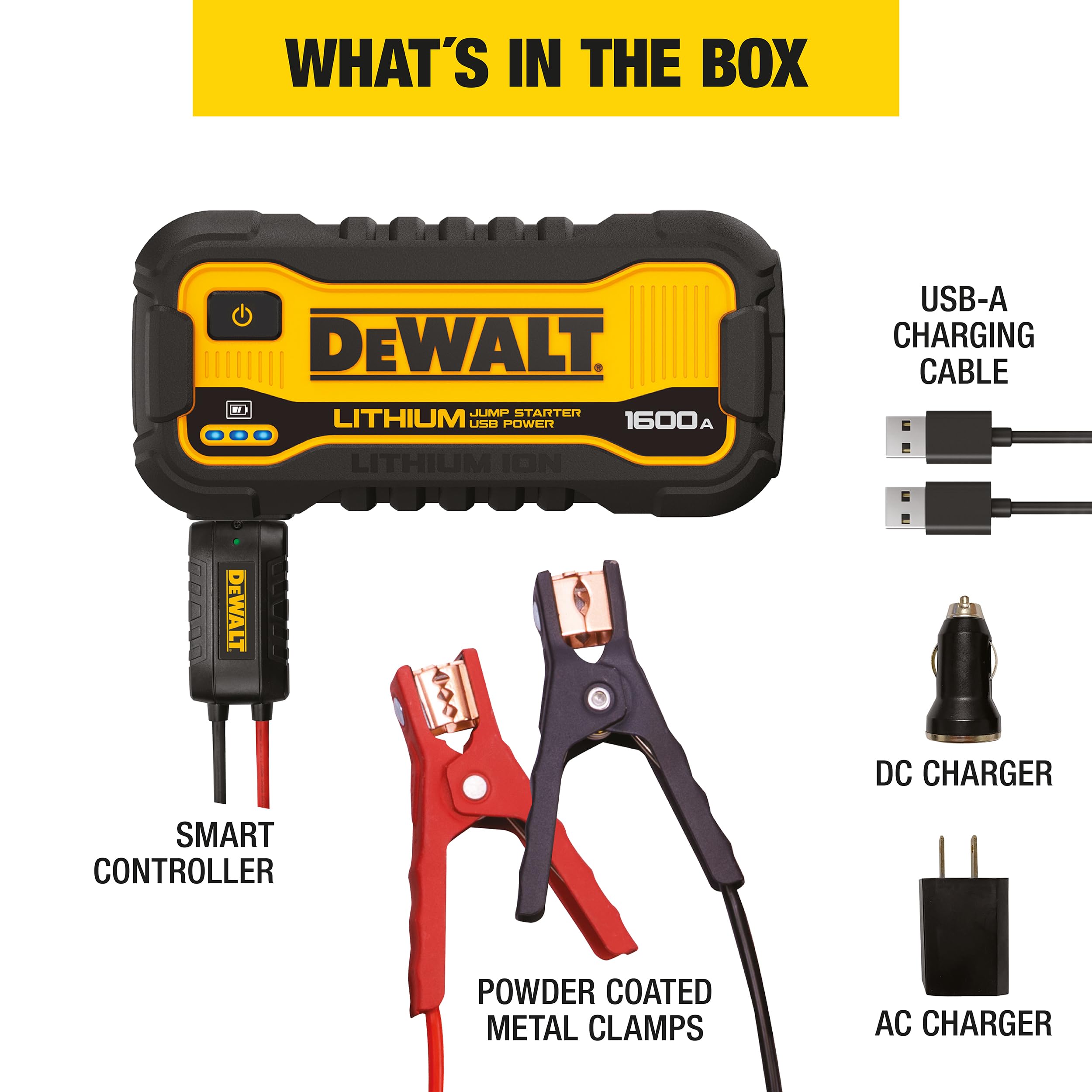 DEWALT DXAELJ16 1600 Peak Amp Jump Starter Battery Booster - Yellow, USB Power Station