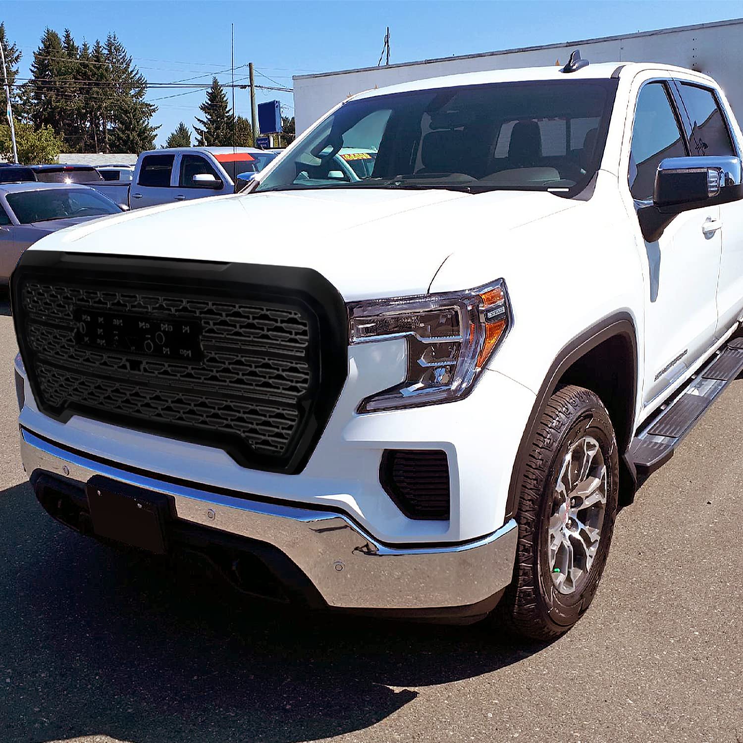 Spec-D Tuning Polished Black Denali Style Front Bumper Hood Upper Grille Compatible With 2019-2021 Gmc Sierra 1500