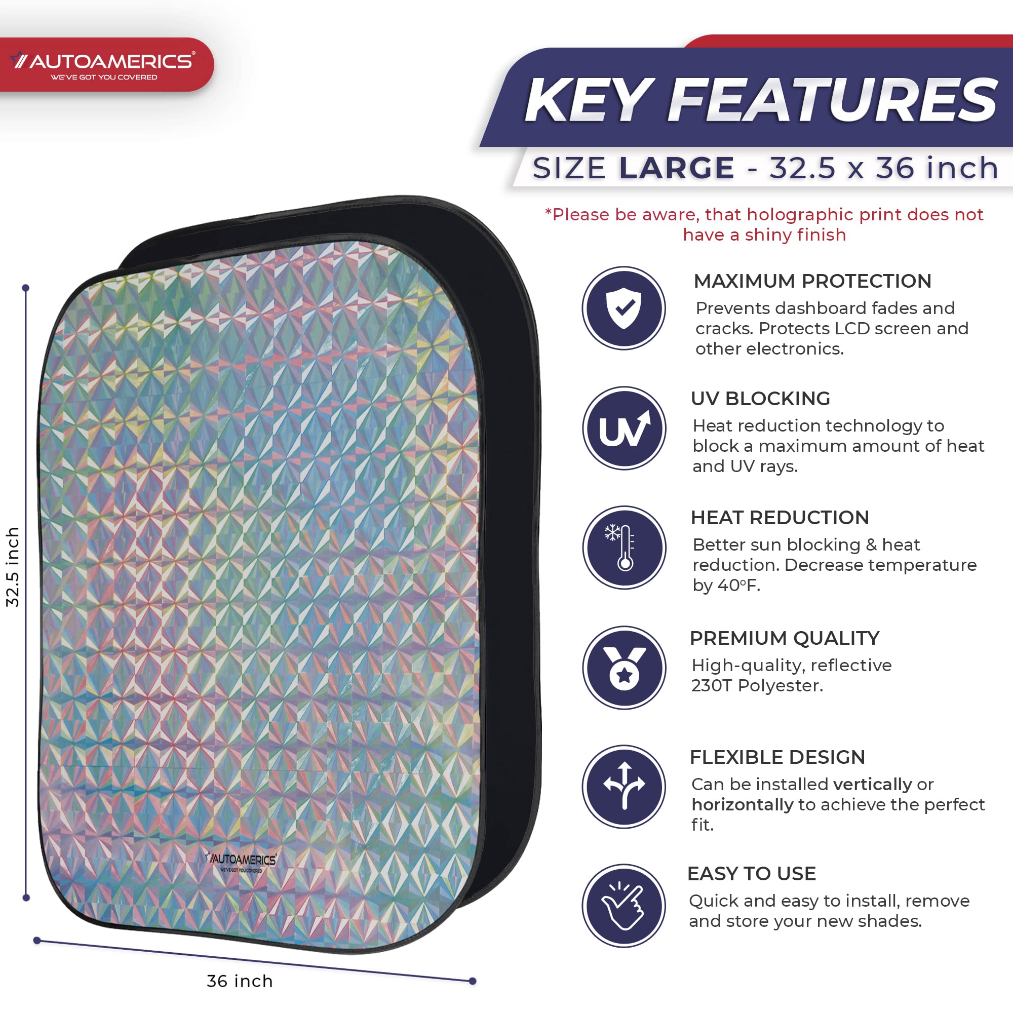 Autoamerics 2-Piece Windshield Sun Shade - Holographic Foldable Car Front Window Sunshade for Most Cars SUV Truck - Heat Blocker