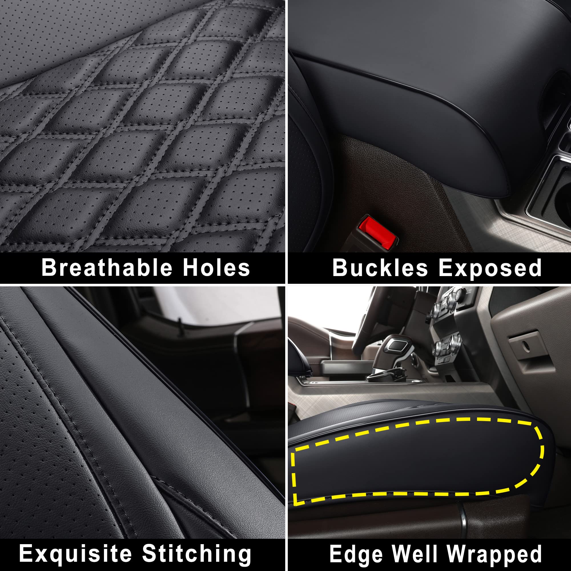 Huidasource Leather Seat Covers for 2015-2025 Ford F150 & F250-F450, Full Set, Black, Faux Leather, Model F1501