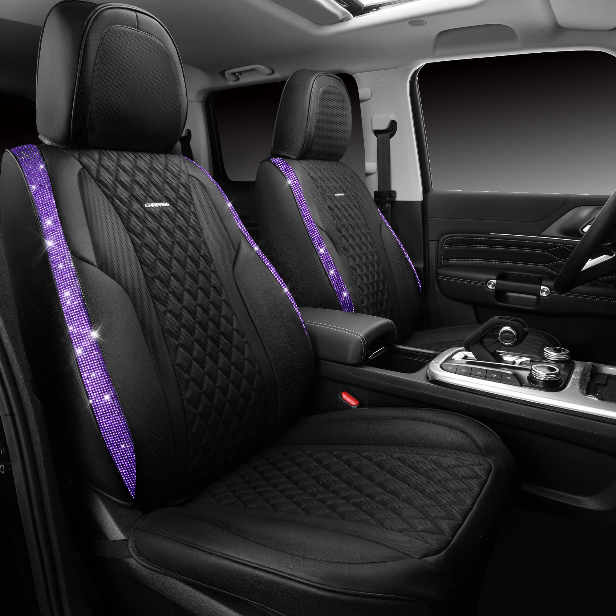 CAR PASS Bling Nappa Leather Car Seat Cover Full Set, Luxury Waterproof, Purple Diamond Rhinestones
